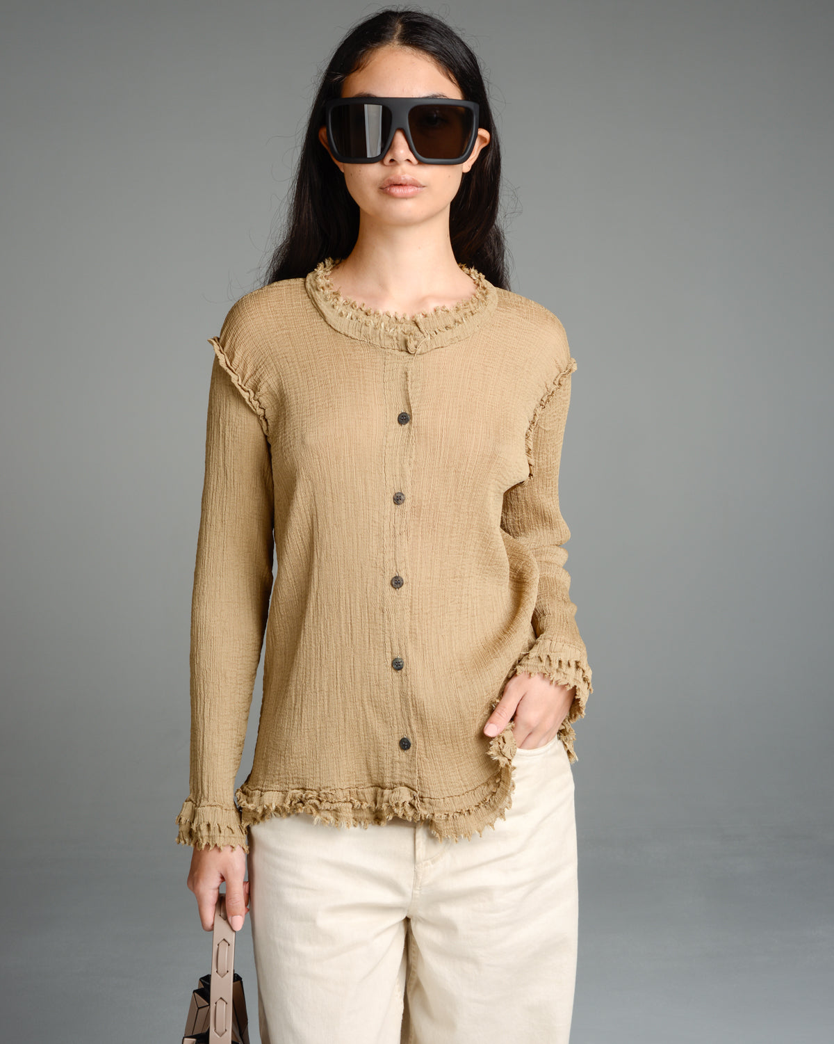 Beige Crepe Raw Edge Cardigan