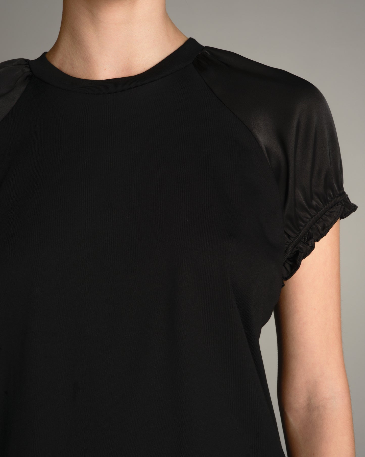 Black Satin Patchwork Puff Sleeve T-Shirt