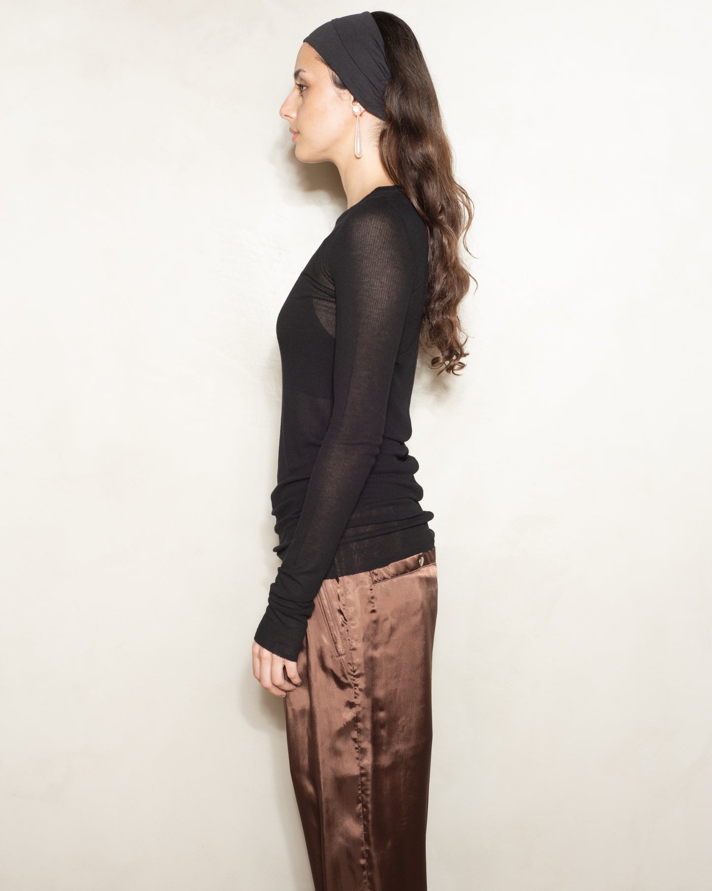 Black Silk Rib Long Sleeve Top