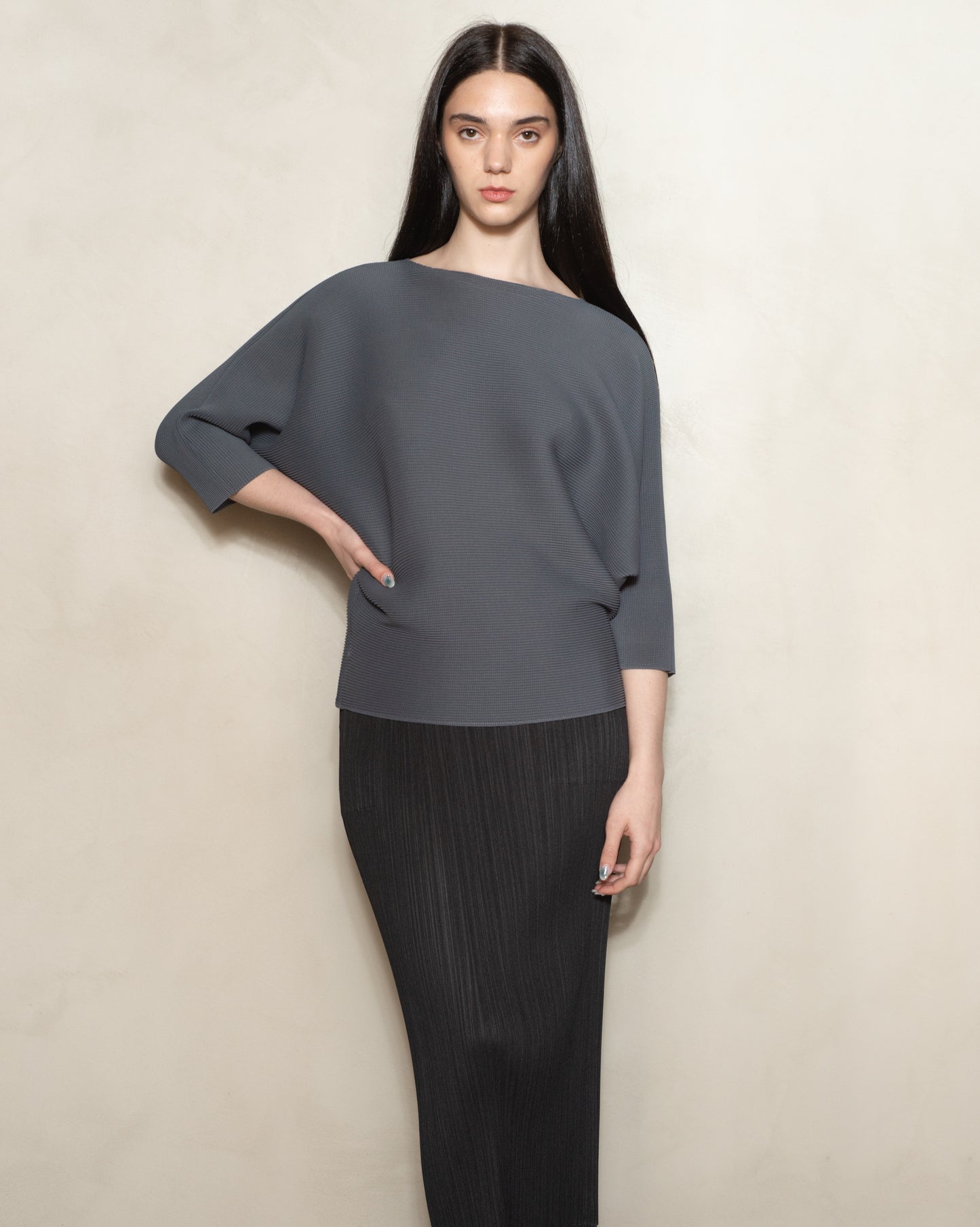 Charcoal Dolman Stretch Pleat Top