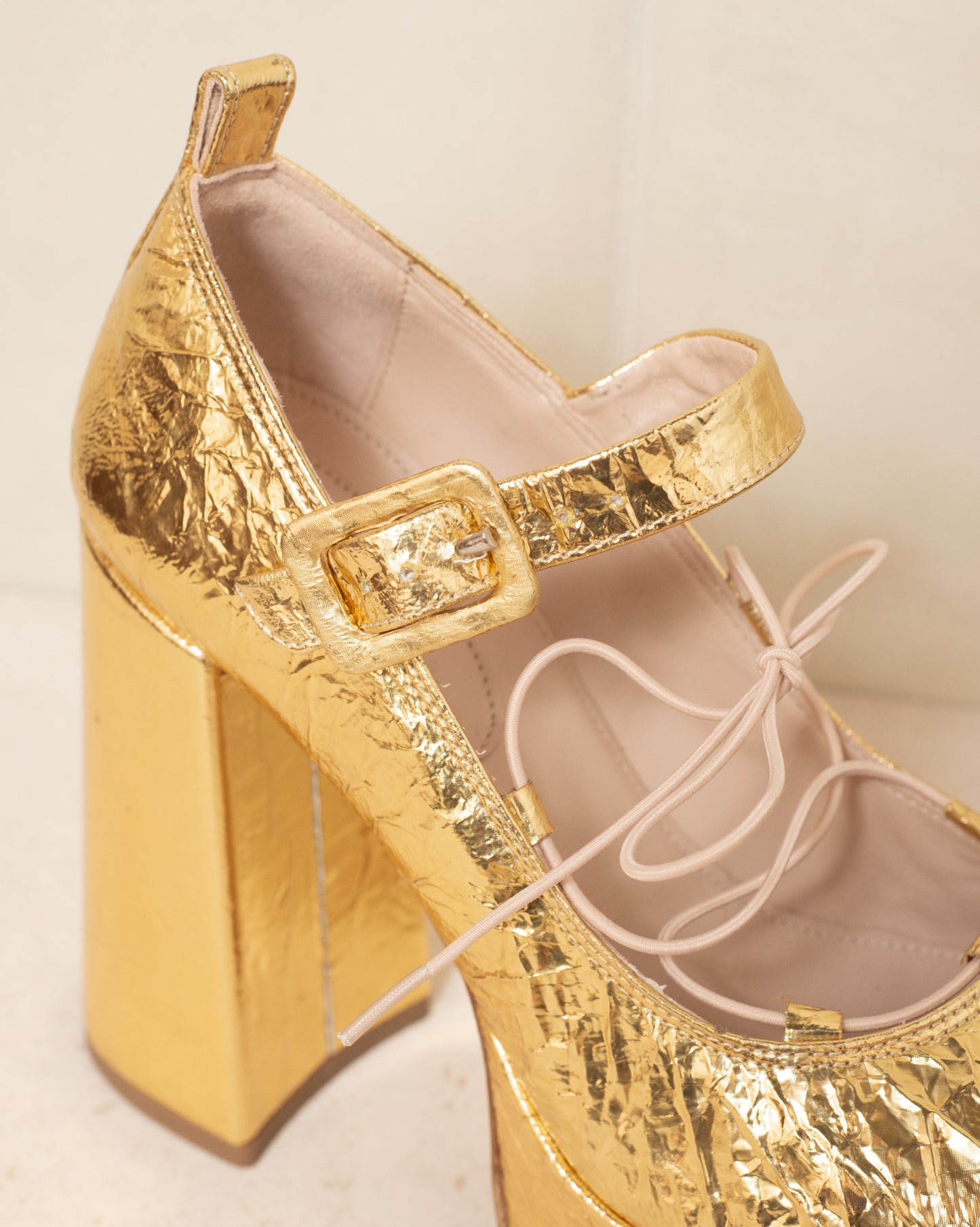 Gold Heart Toe Lace Up Ballerina Heels