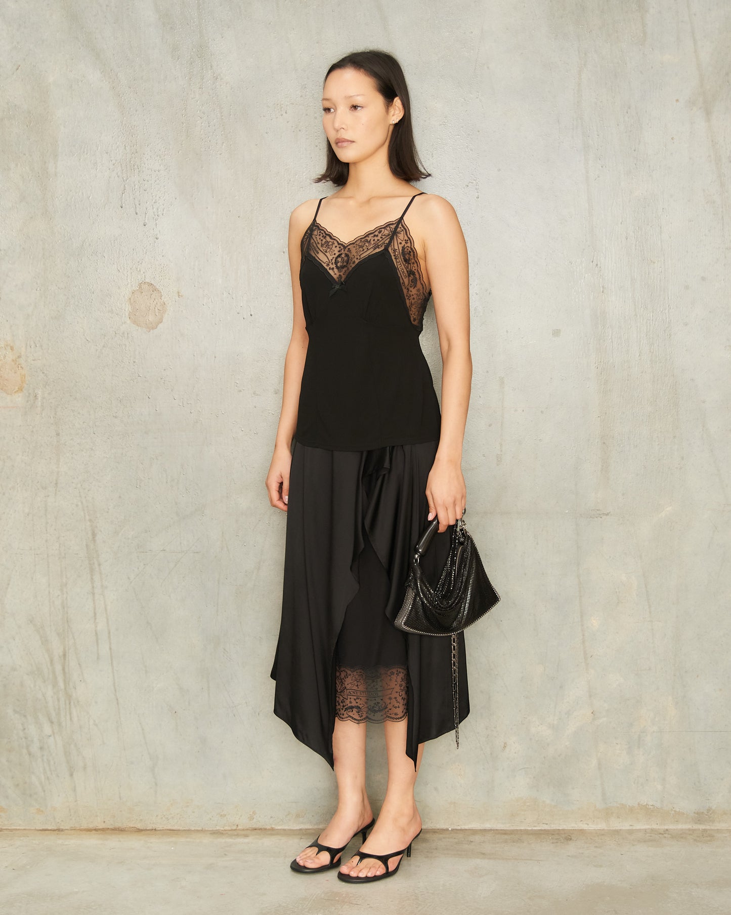 Black Satin Lace Draped Skirt