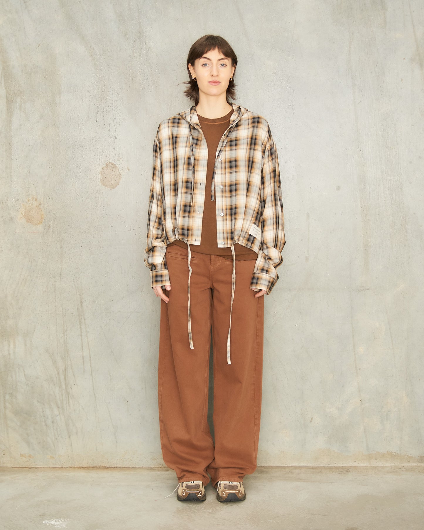 Beige Check Hooded Over Shirt