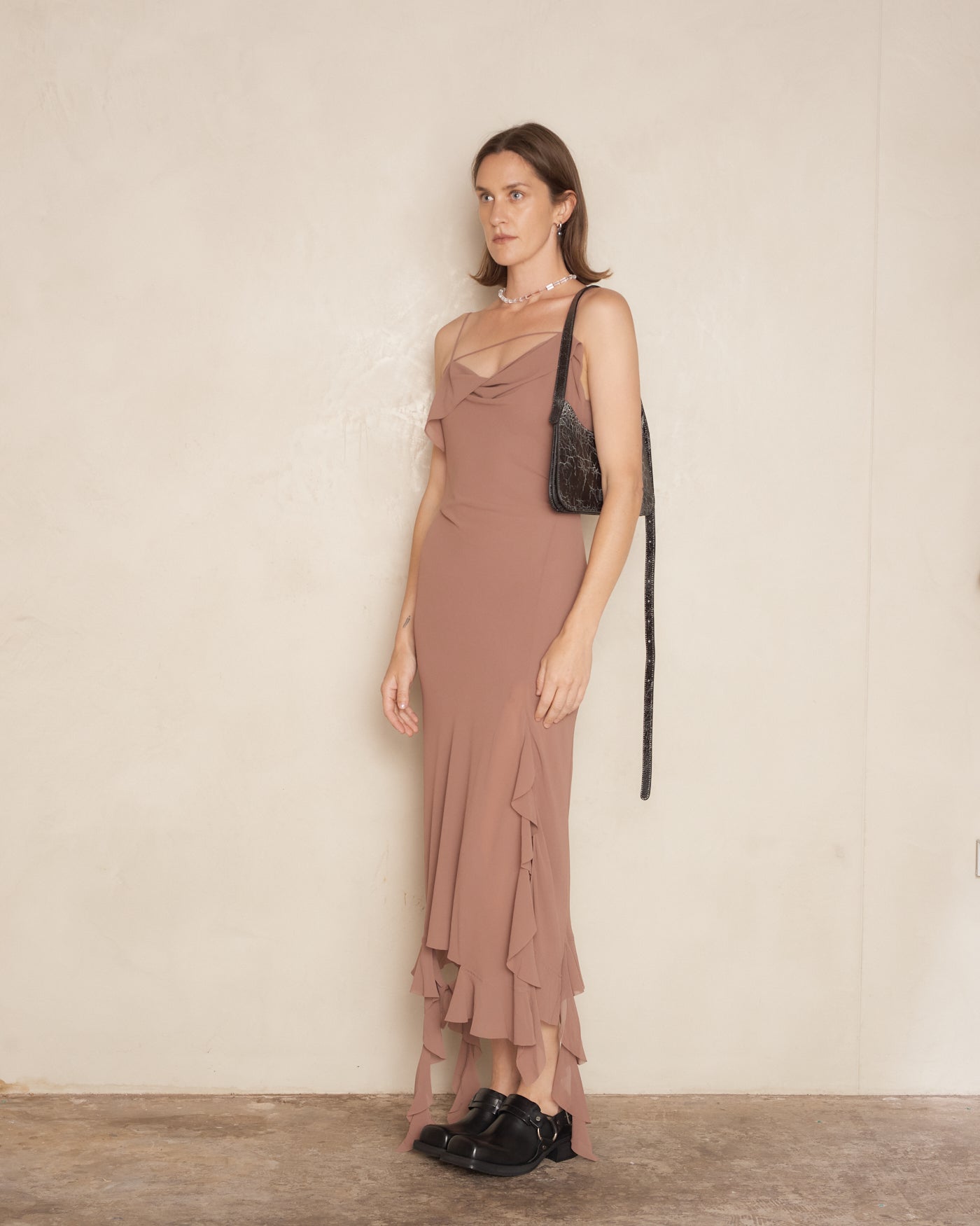 Acne Studios Toffee Brown Ruffle Strap Dress a20642 - DILETTANTE Dilettante Acne Studios Toffee Brown Ruffle Strap Dress a20642 - DILETTANTE Dilettante