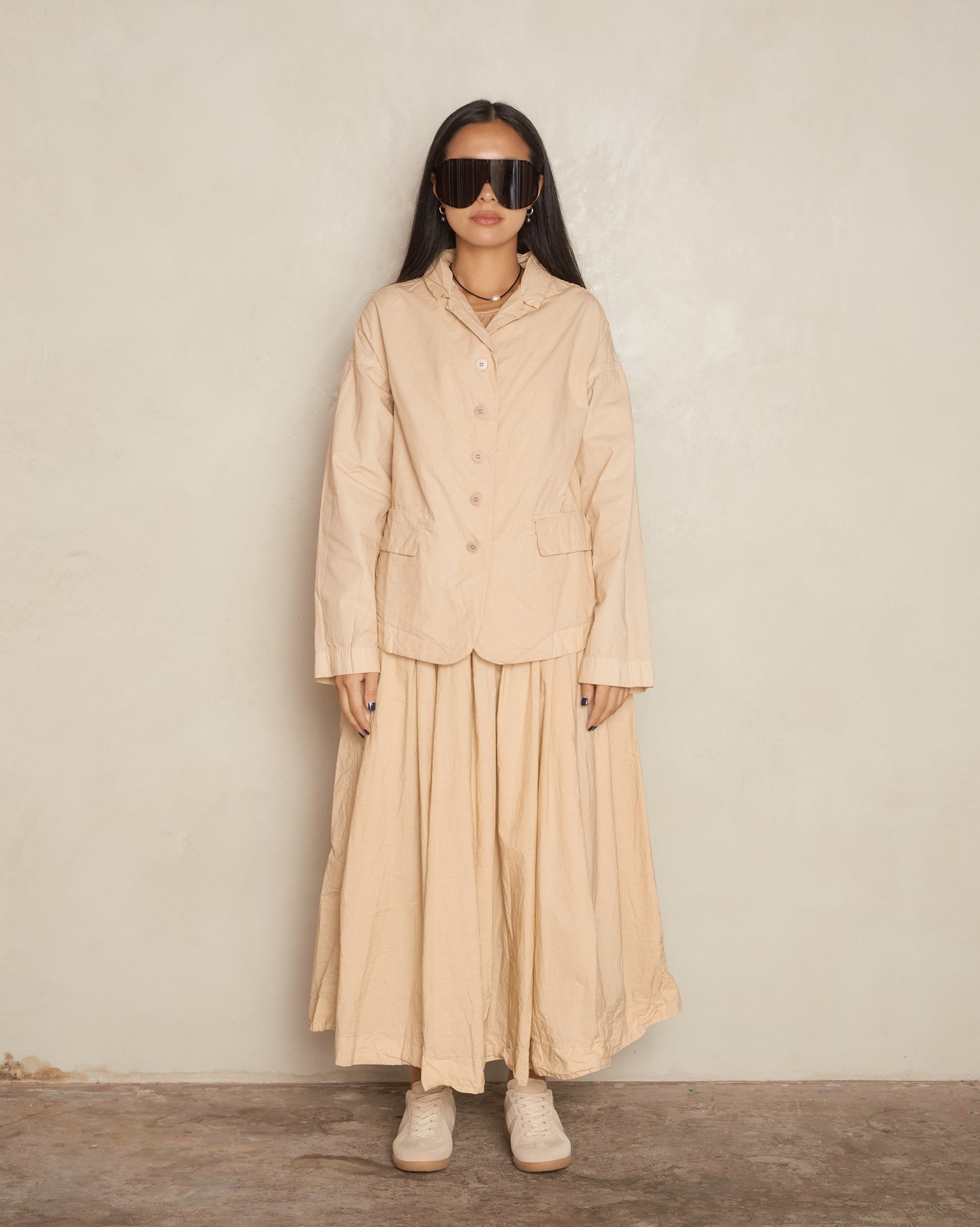 Cream Pleated Long Skirt