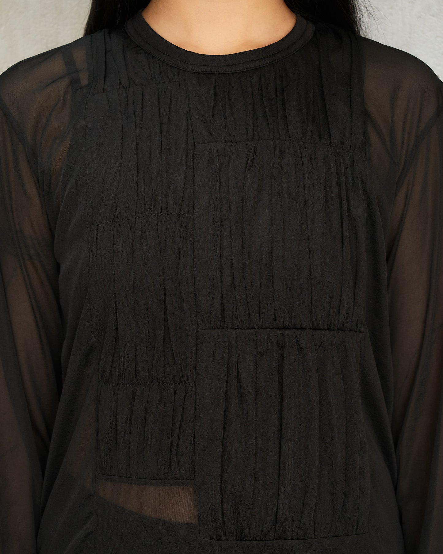 Black Gathered Long Sleeve Top