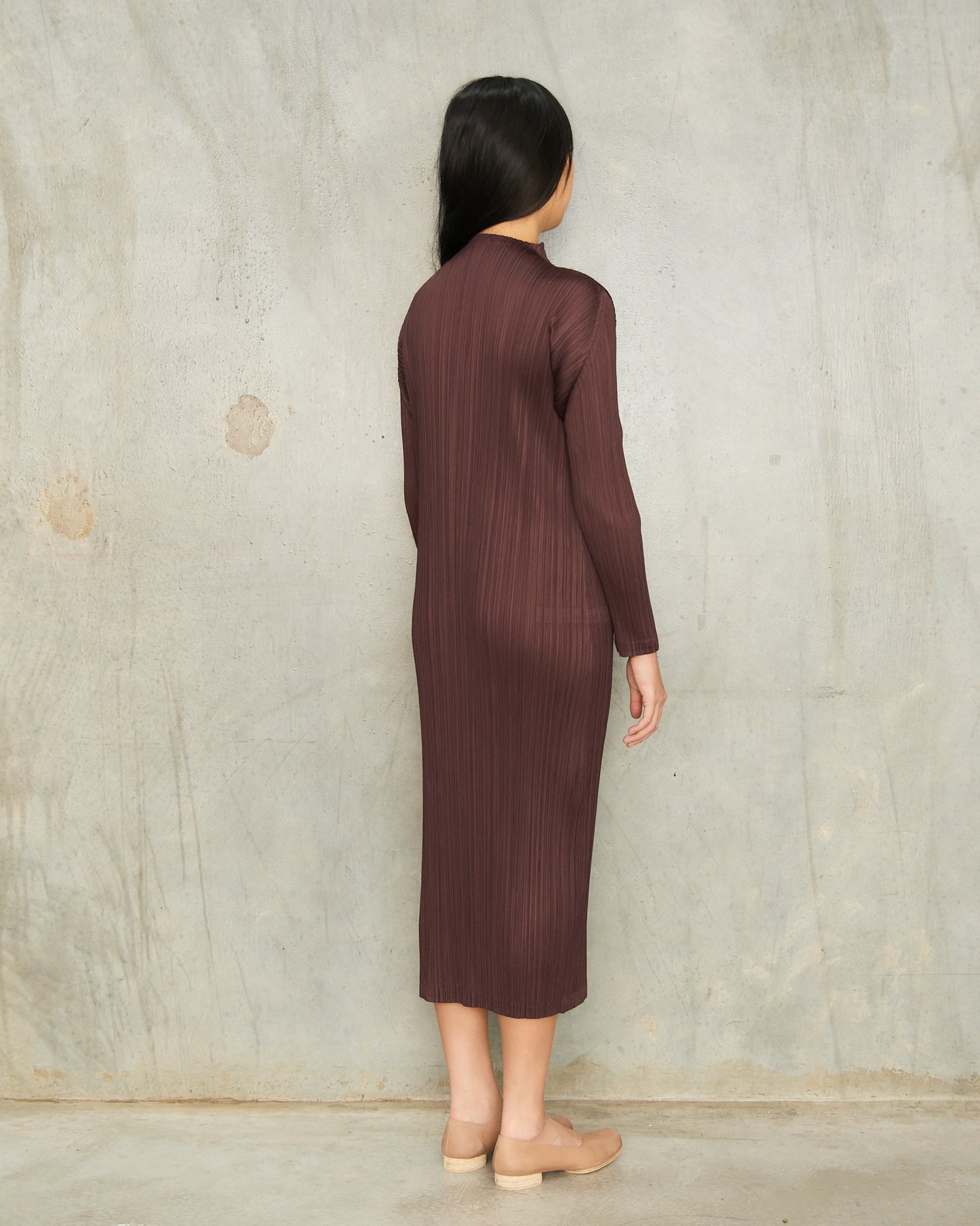Burgundy Long Sleeve Pleat Dress