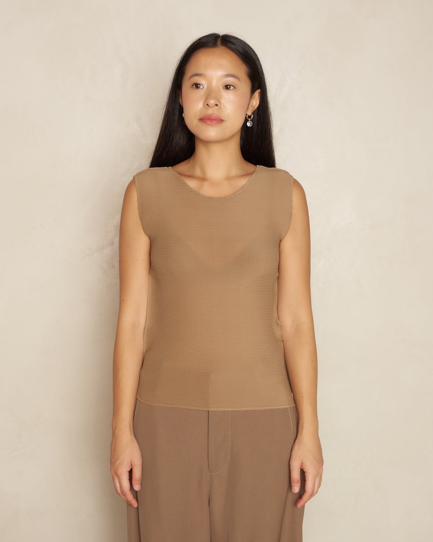 Beige Micropleat Tank Top