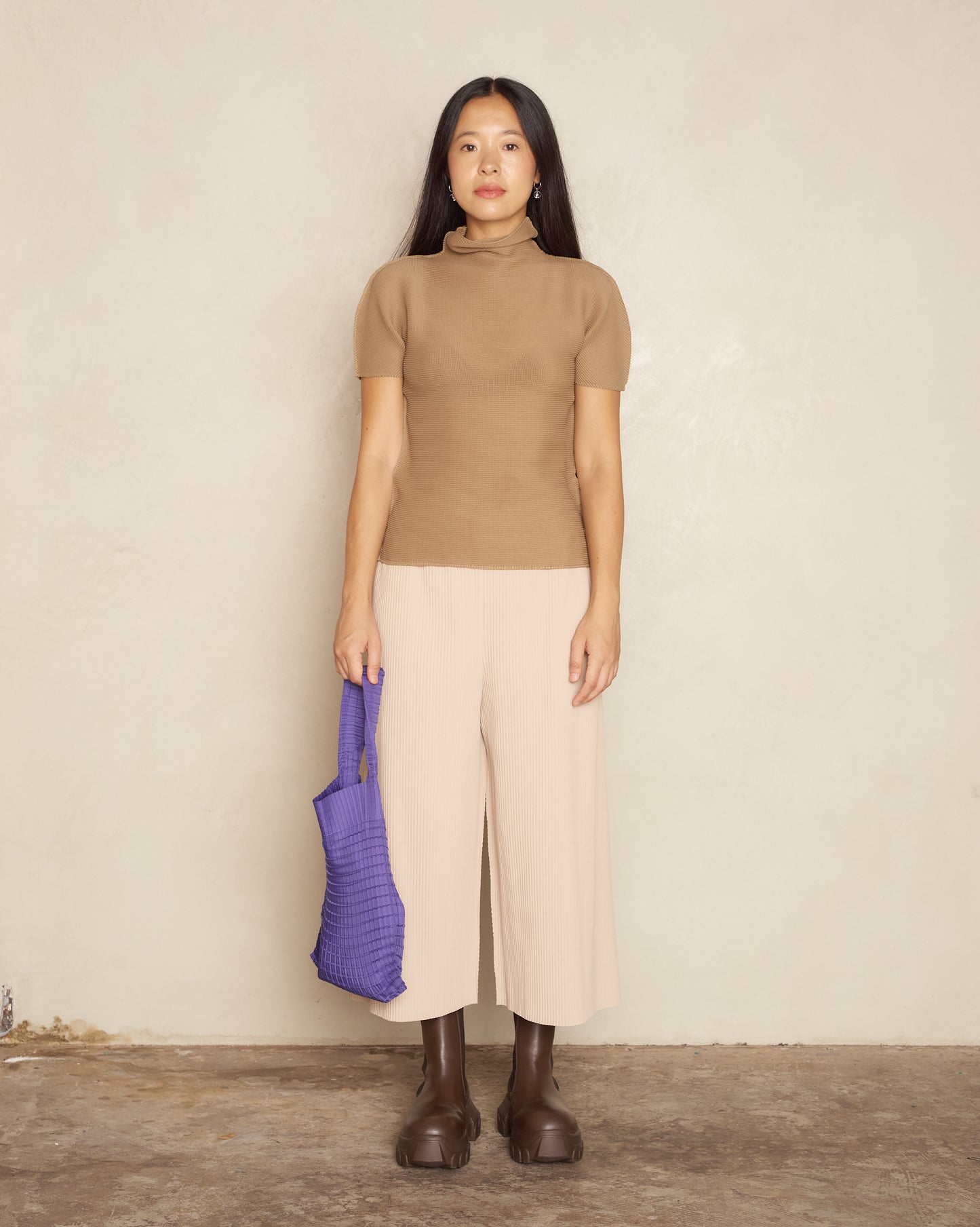 Beige Micropleat Tee