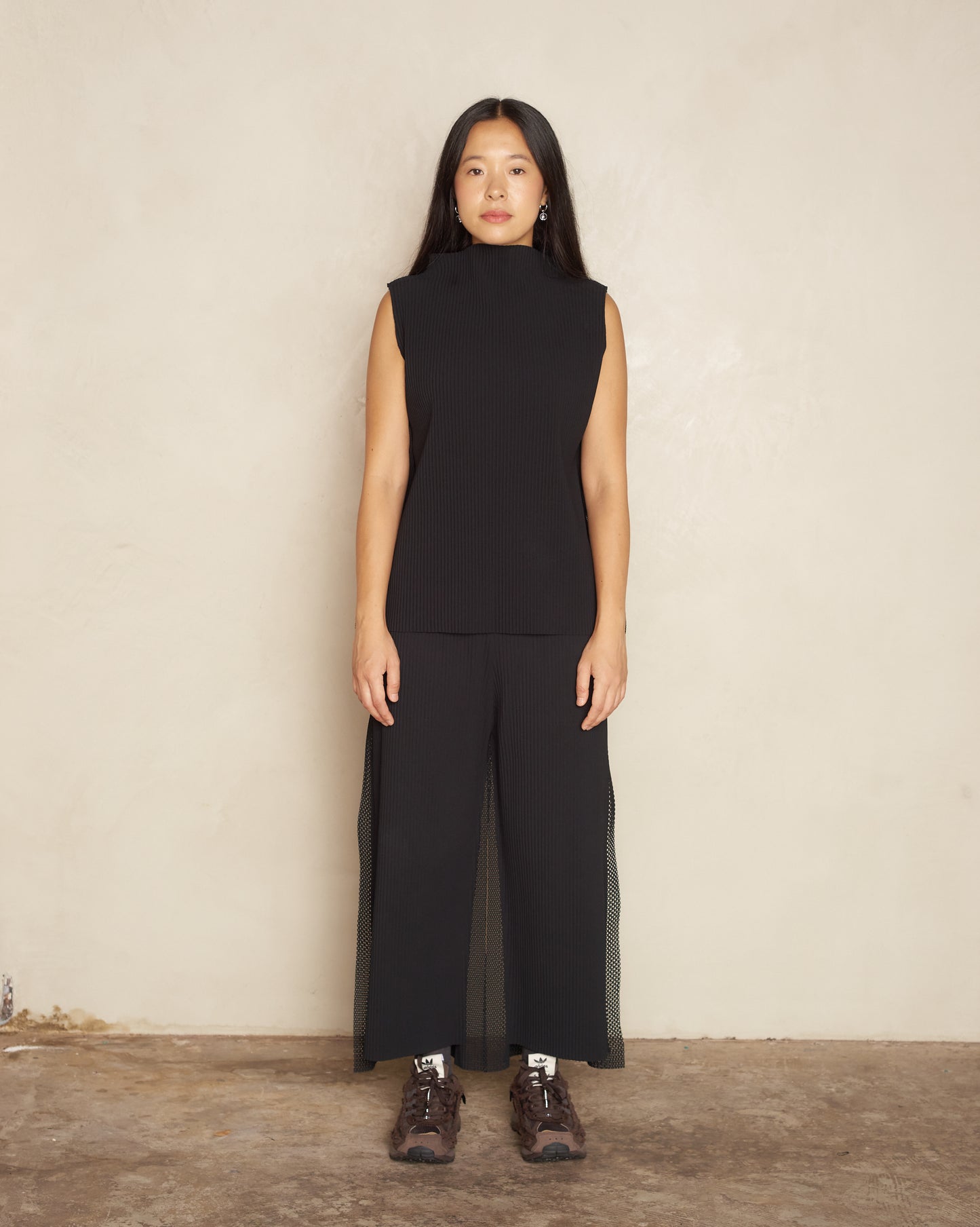 Black High Neck Mesh Trim Top