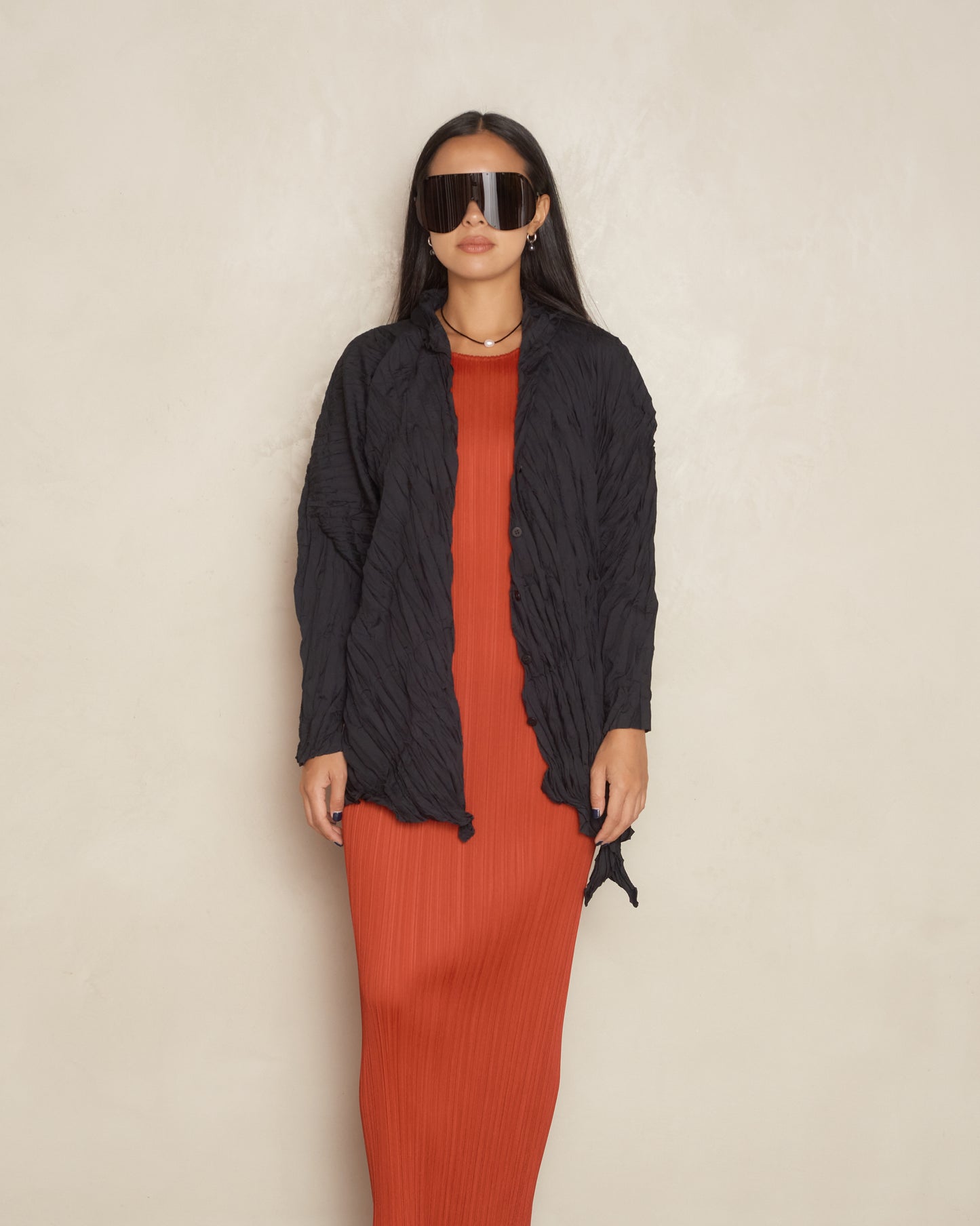 Black Whip Pleat Long Sleeve Shirt