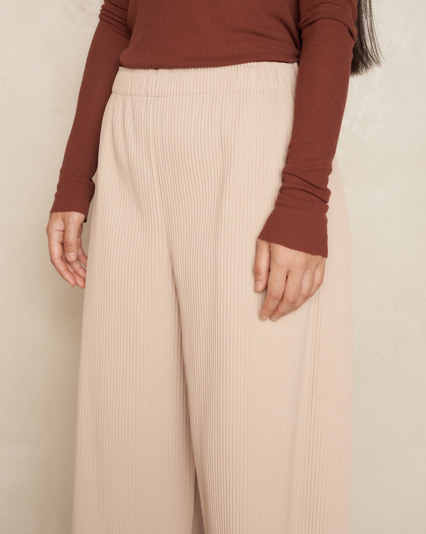Light Beige Fine Knit Pleats Pants