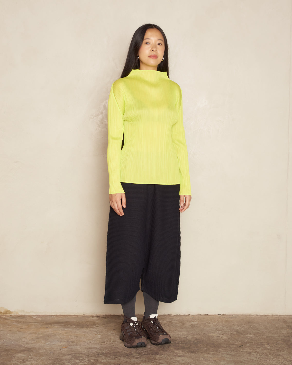 Basic Yellow Green Pleated Long Sleeve Top