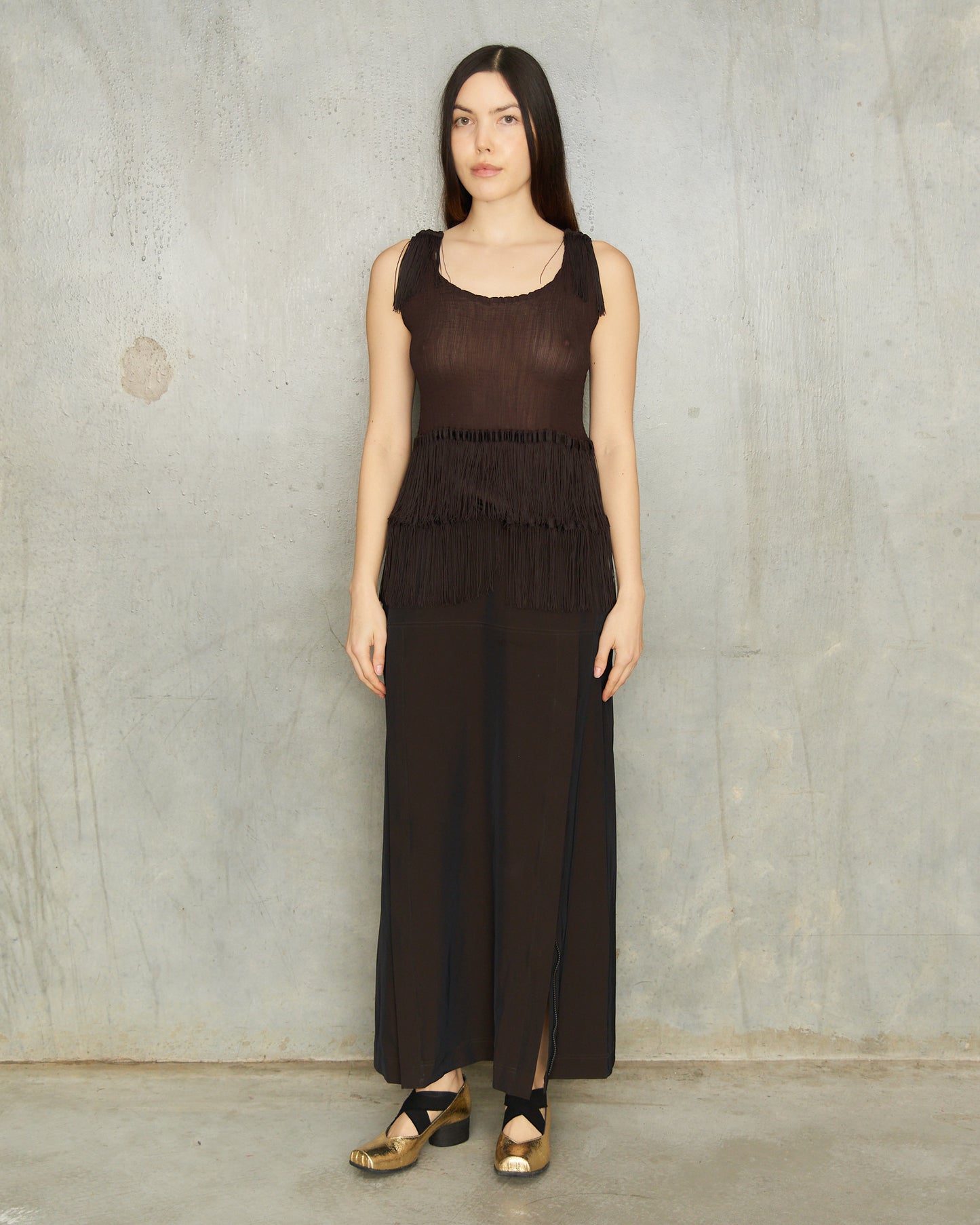 Issey Miyake ME Brown Tassle Crepe Top