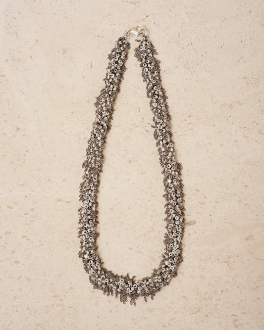 White Glass Bead Frayed Chain Necklace