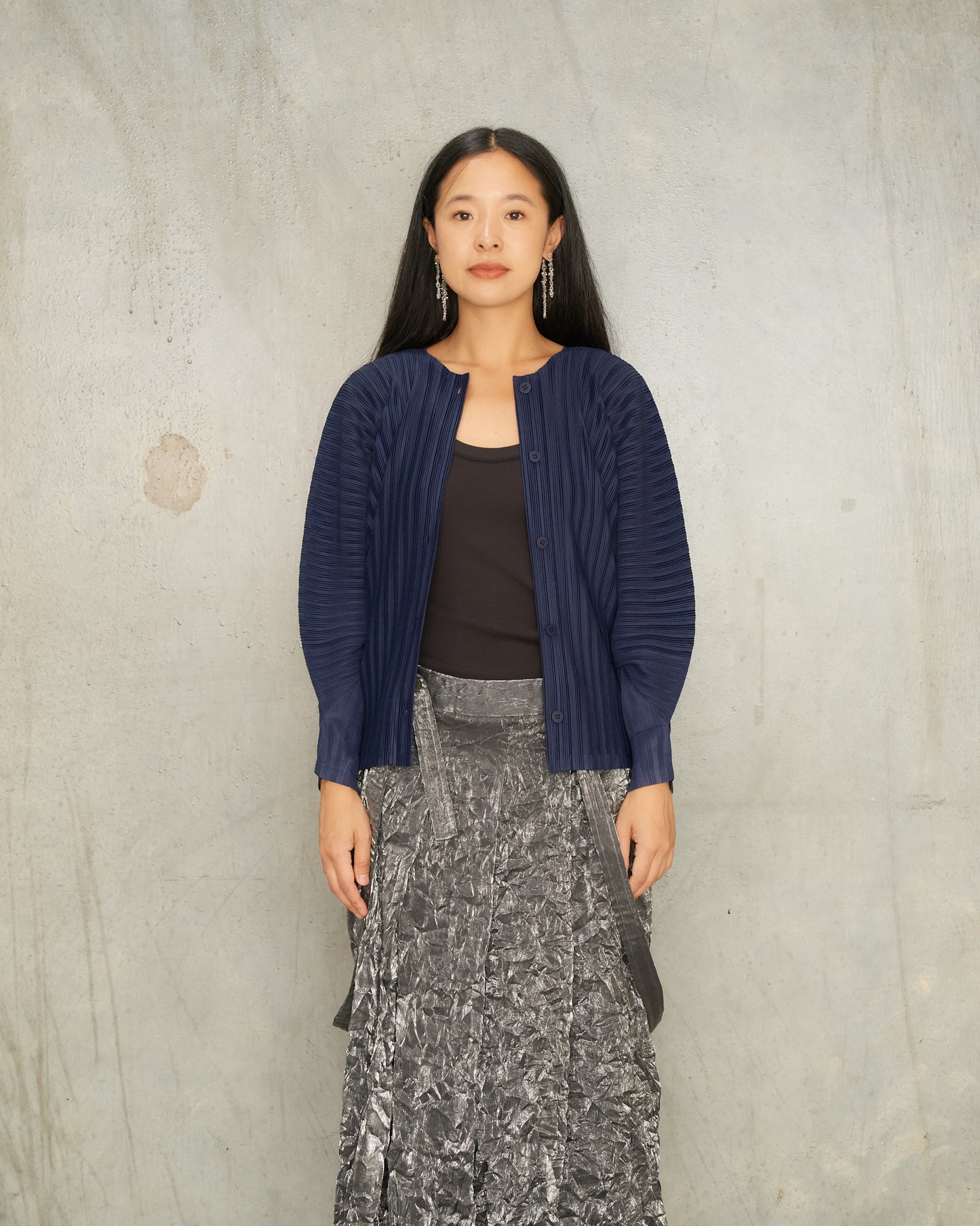 Navy Wide Pleats Cardigan