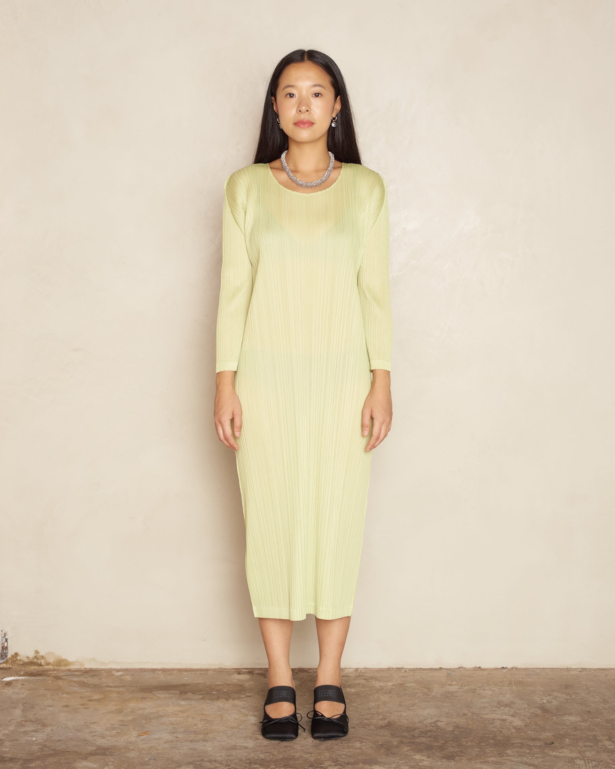 Light Green Long Sleeve Pleated Dress Dilettante Light Green Long Sleeve Pleated Dress Dilettante