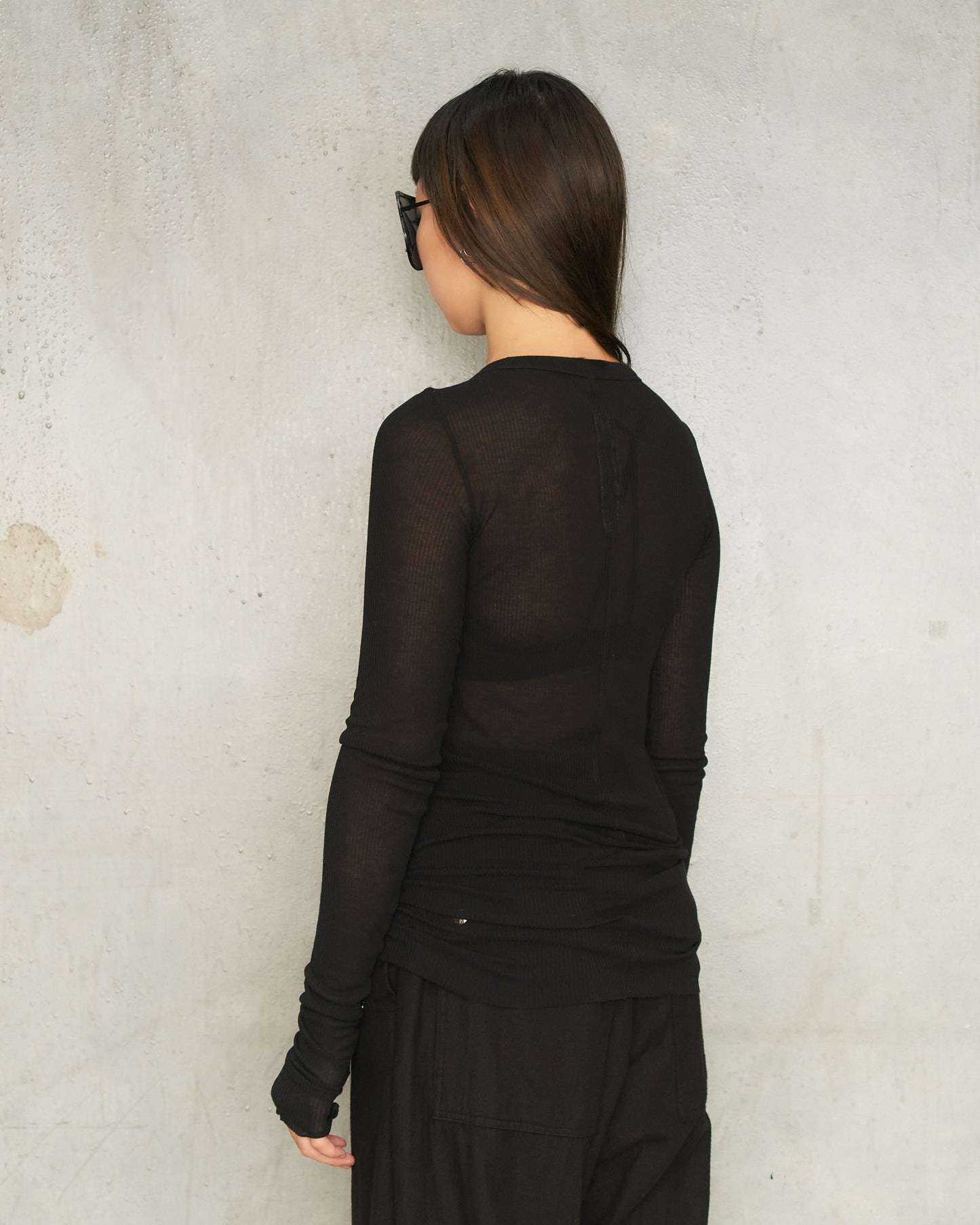 Black Silk Rib Long Sleeve Top