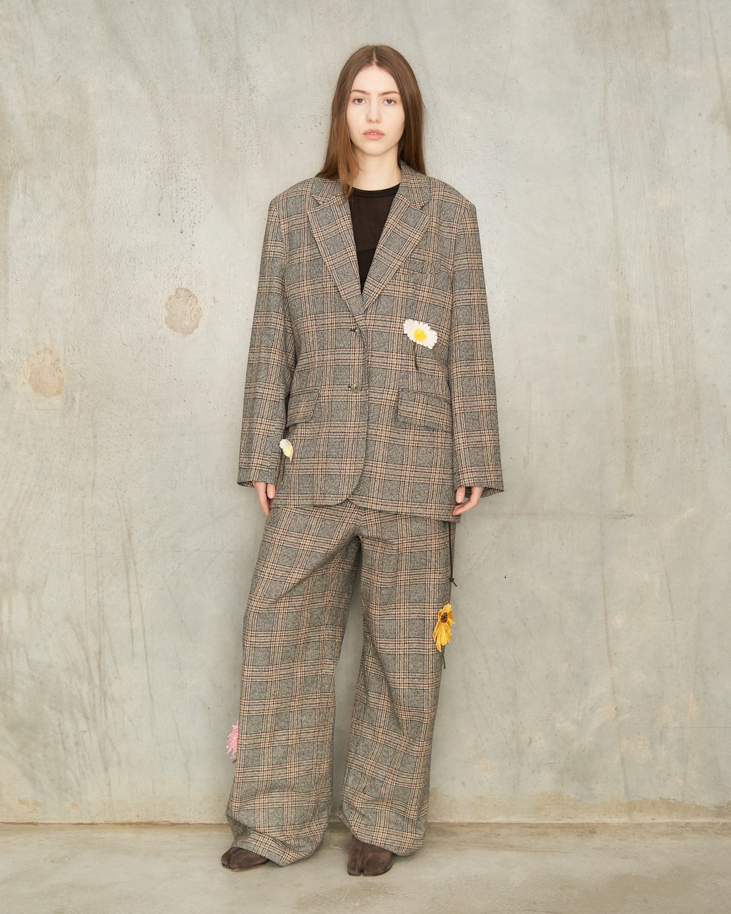 Brown Check Flower Square Blazer