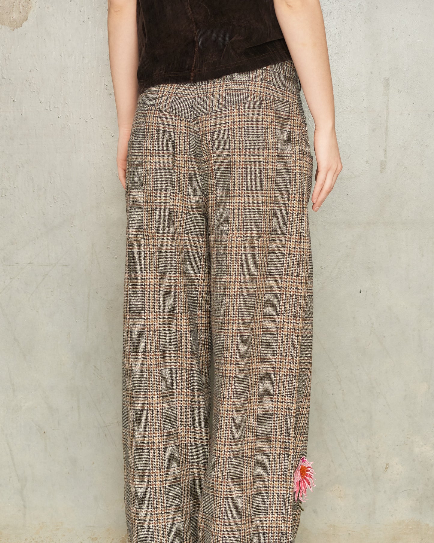 Brown Check Flower Pants