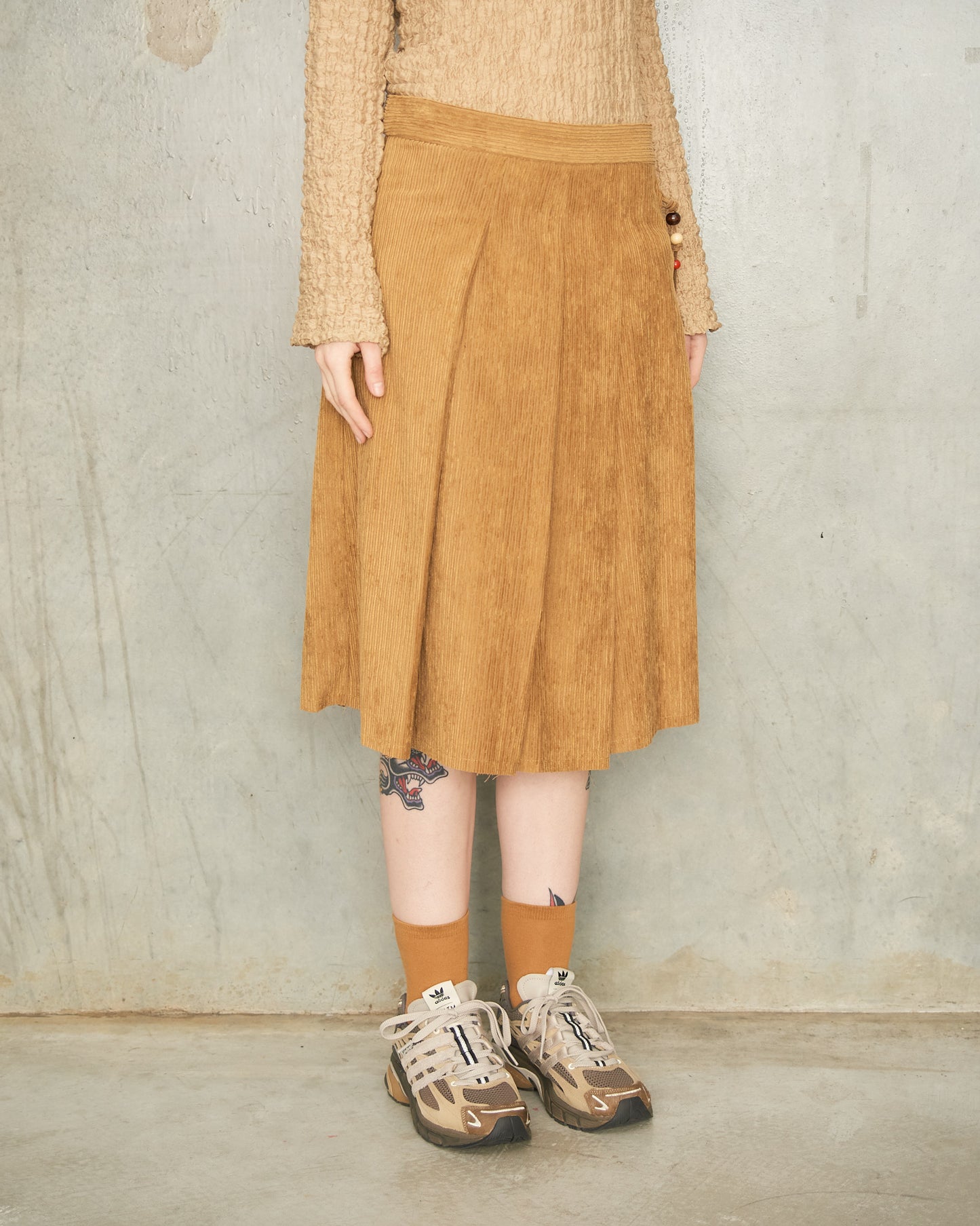 Camel Corduroy Pleated Skirt