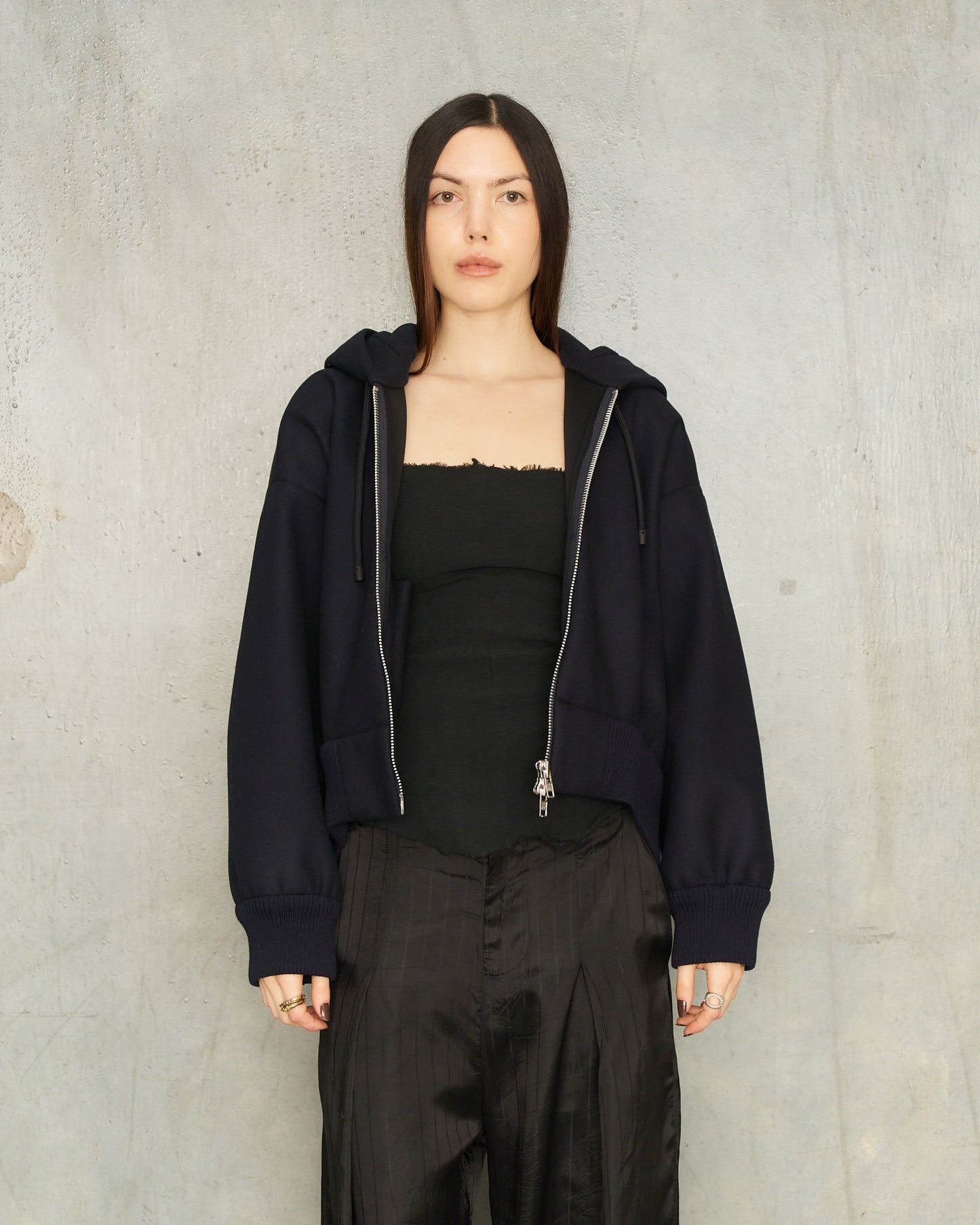 Navy Embellished Hood Zip Bomber