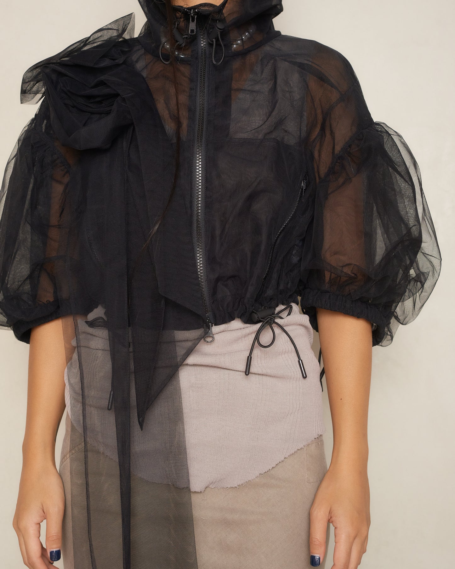 Black Pressed Rose Cropped Tulle Jacket