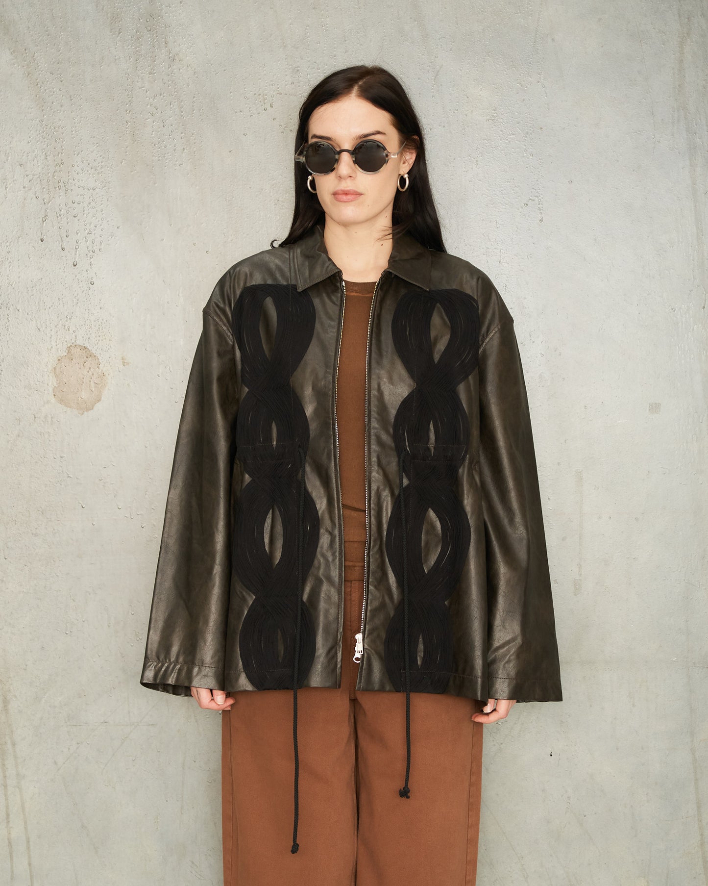 Brown Faux Leather Appliqué Jacket