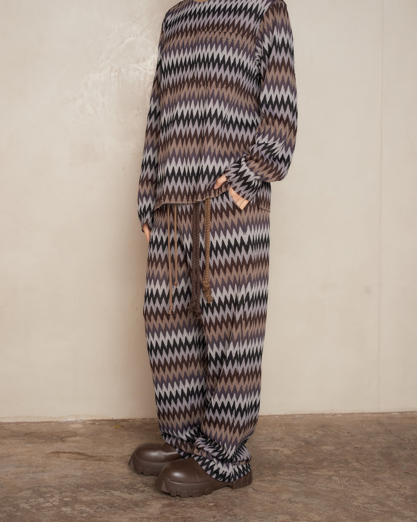 Brown Zig Zag Knit Wide Leg Track Pant