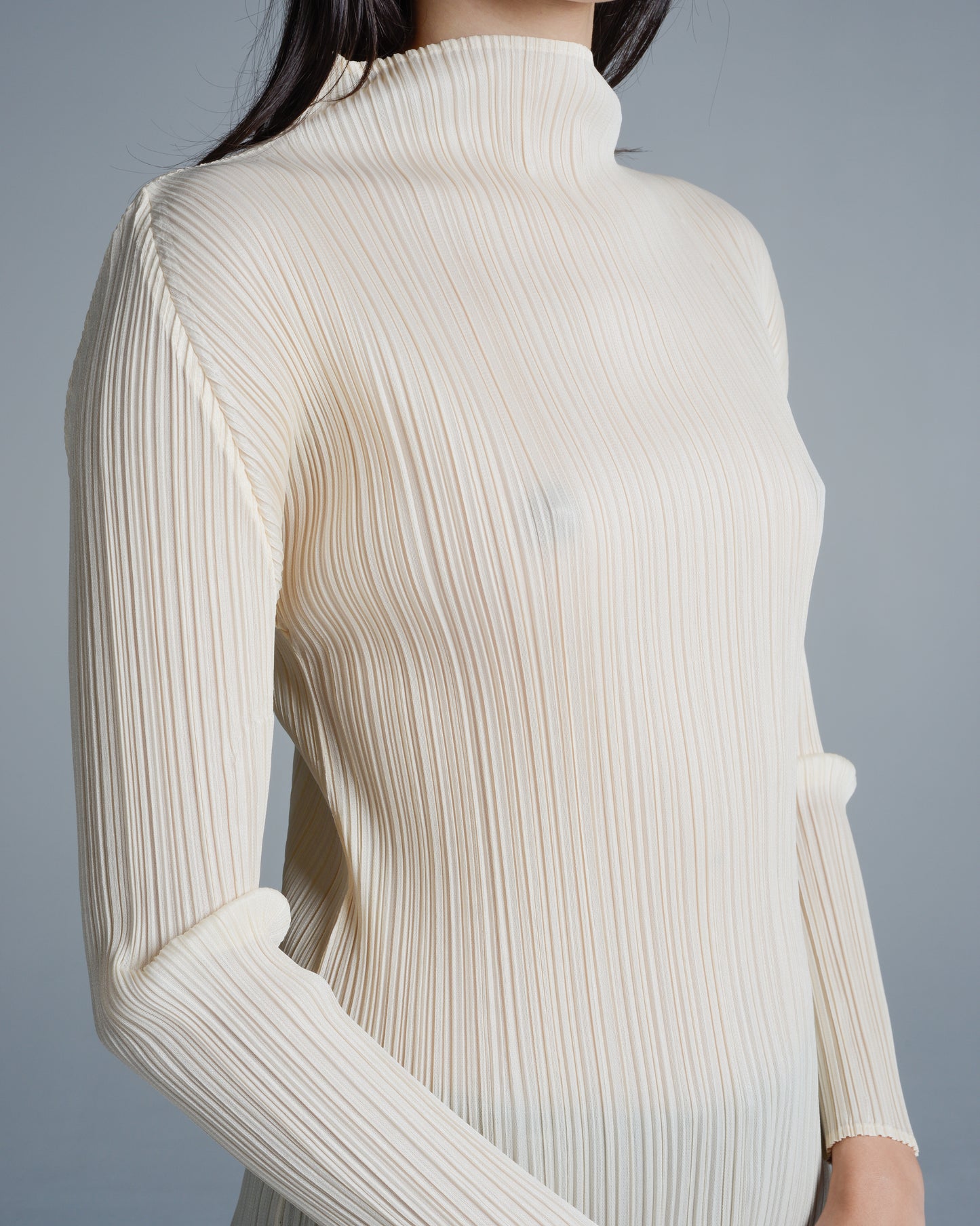 Basic Light Beige Pleated Long Sleeve Top
