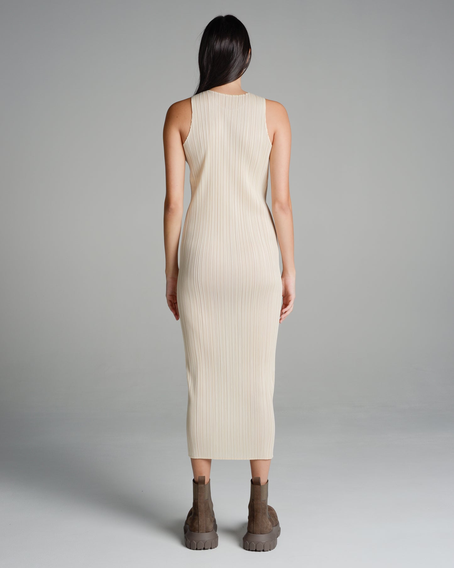Basic Light Beige Pleated Tank Dress
