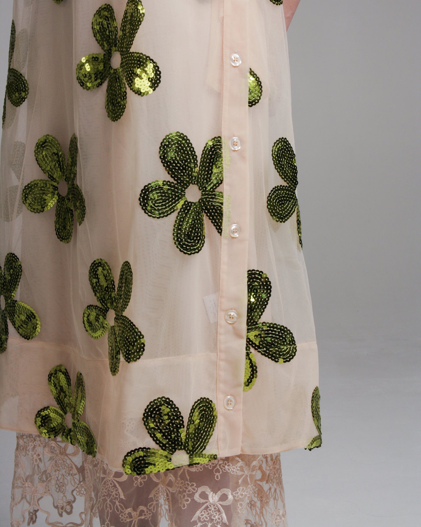 Blush Sequinned Tulle Dress With Lace Trim Slip