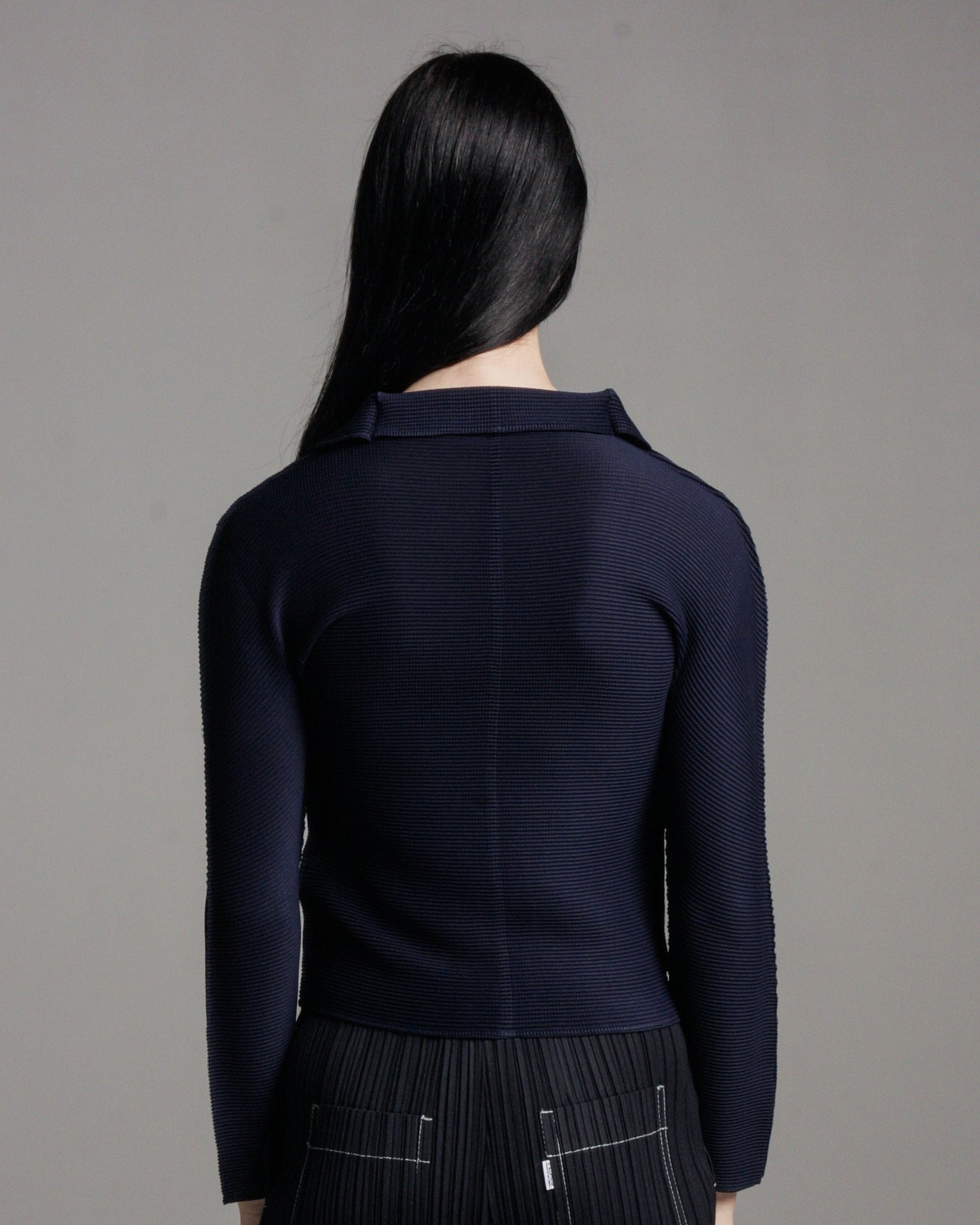 Navy Stretch Pleats Long Sleeve Top