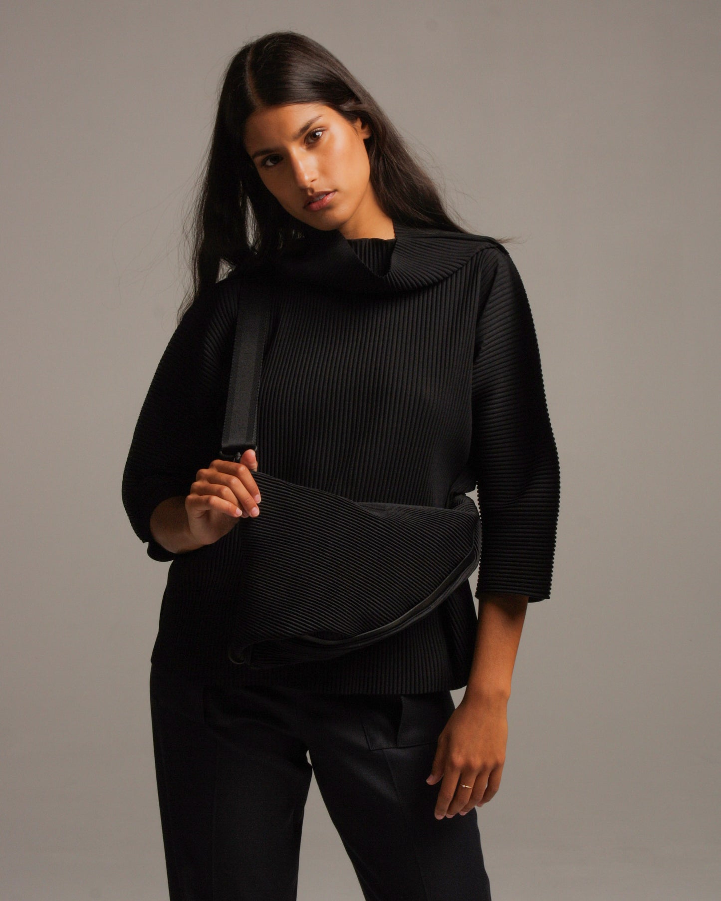 Black Bias Pleats Crossbody Bag
