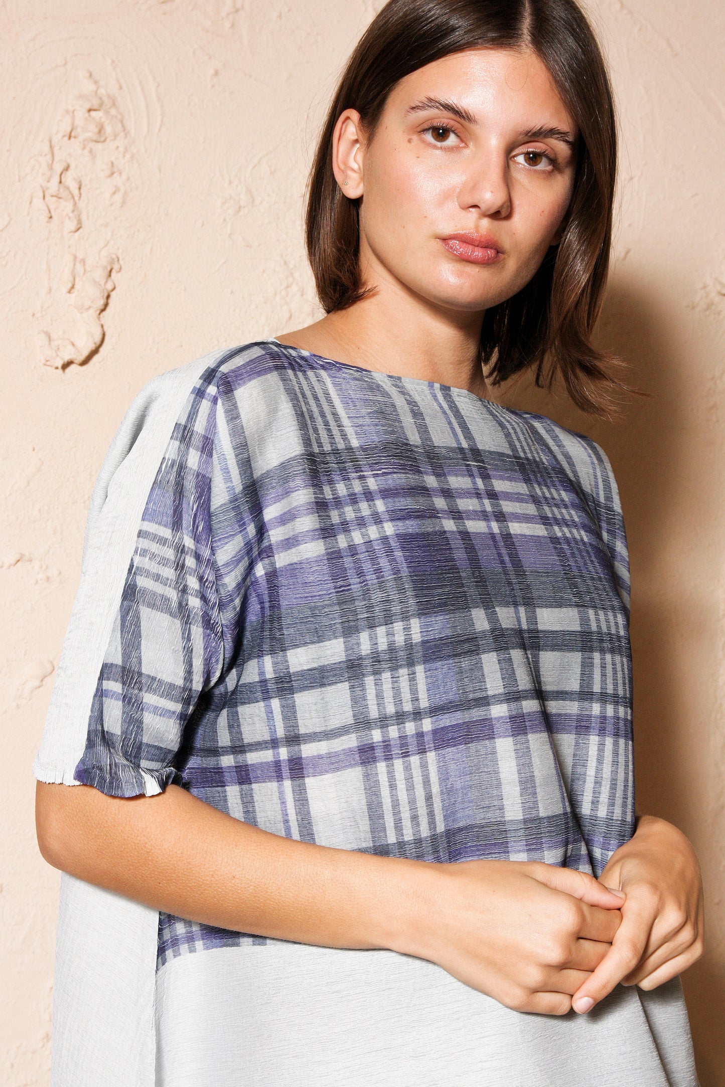 Blue Check Crepe Blouse