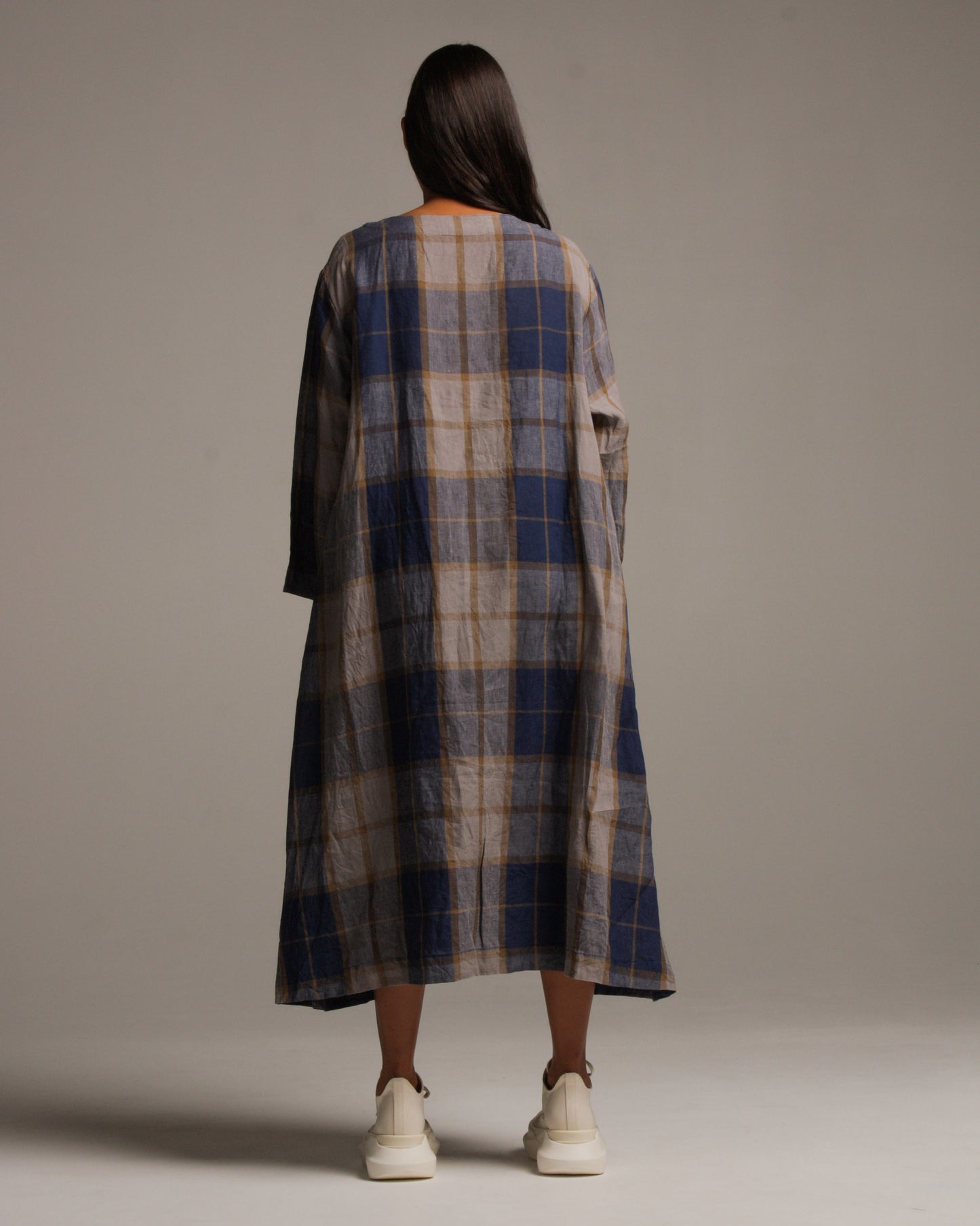 Indigo Brown Linen Check Dress