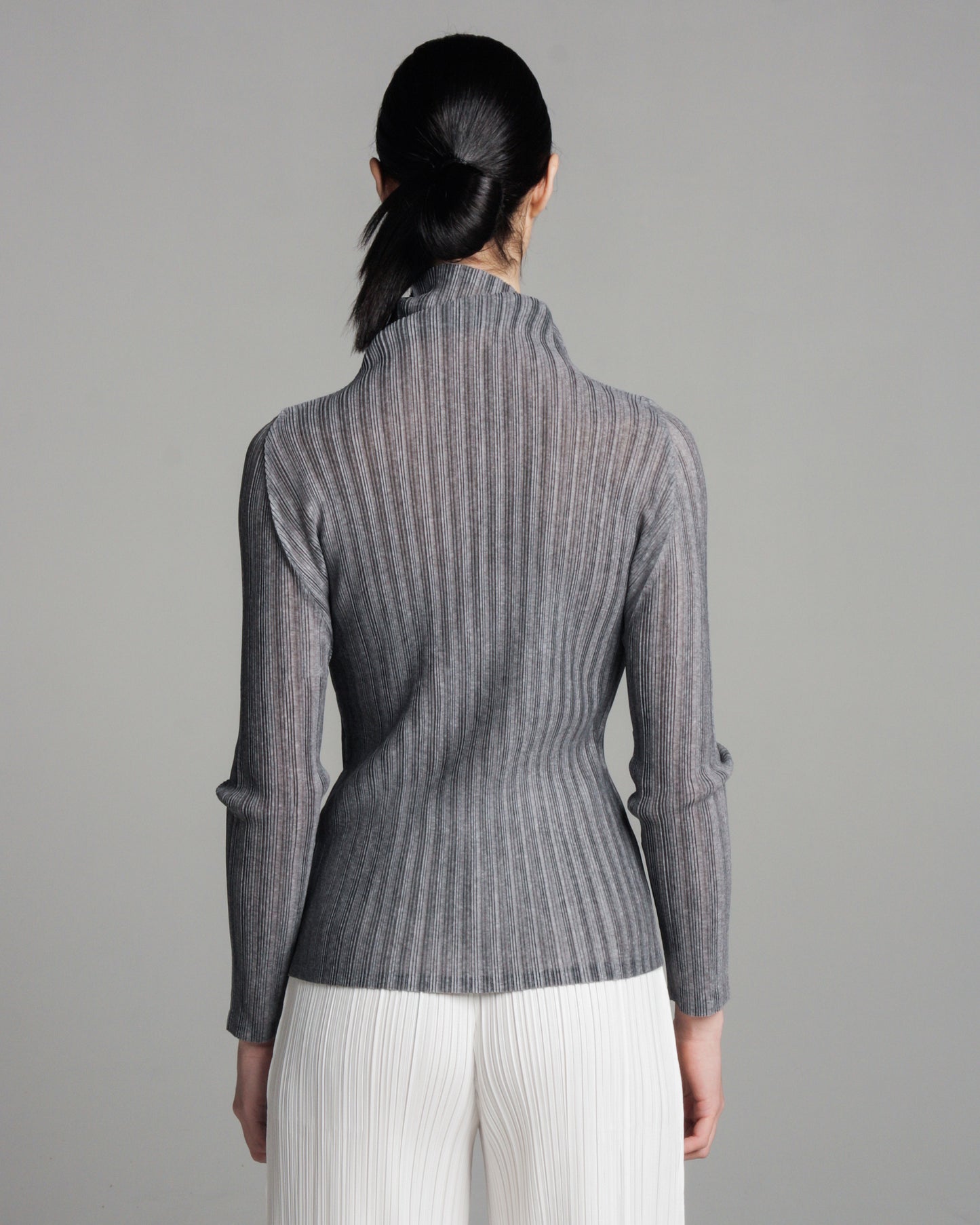 Grey High Neck Pleated Longsleeve Top