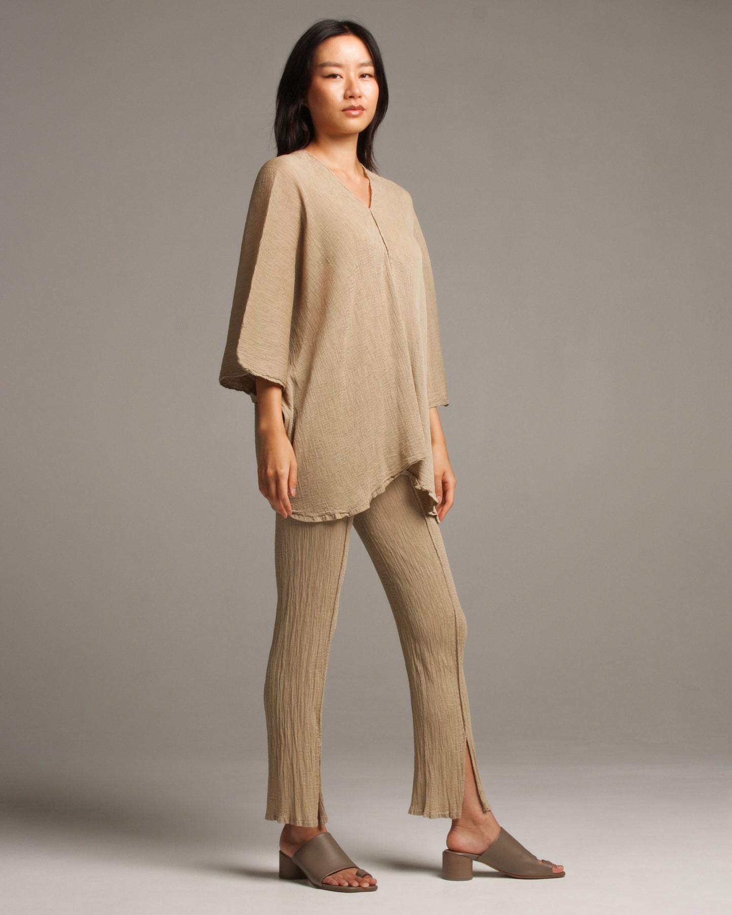 Beige Crepe V Neck Top