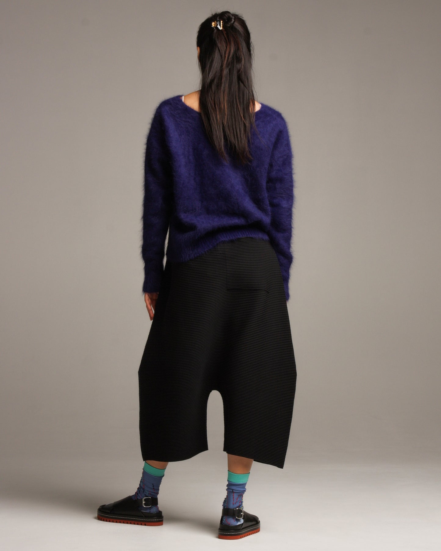 Black Drop Crotch Horizontal Pleated Pant