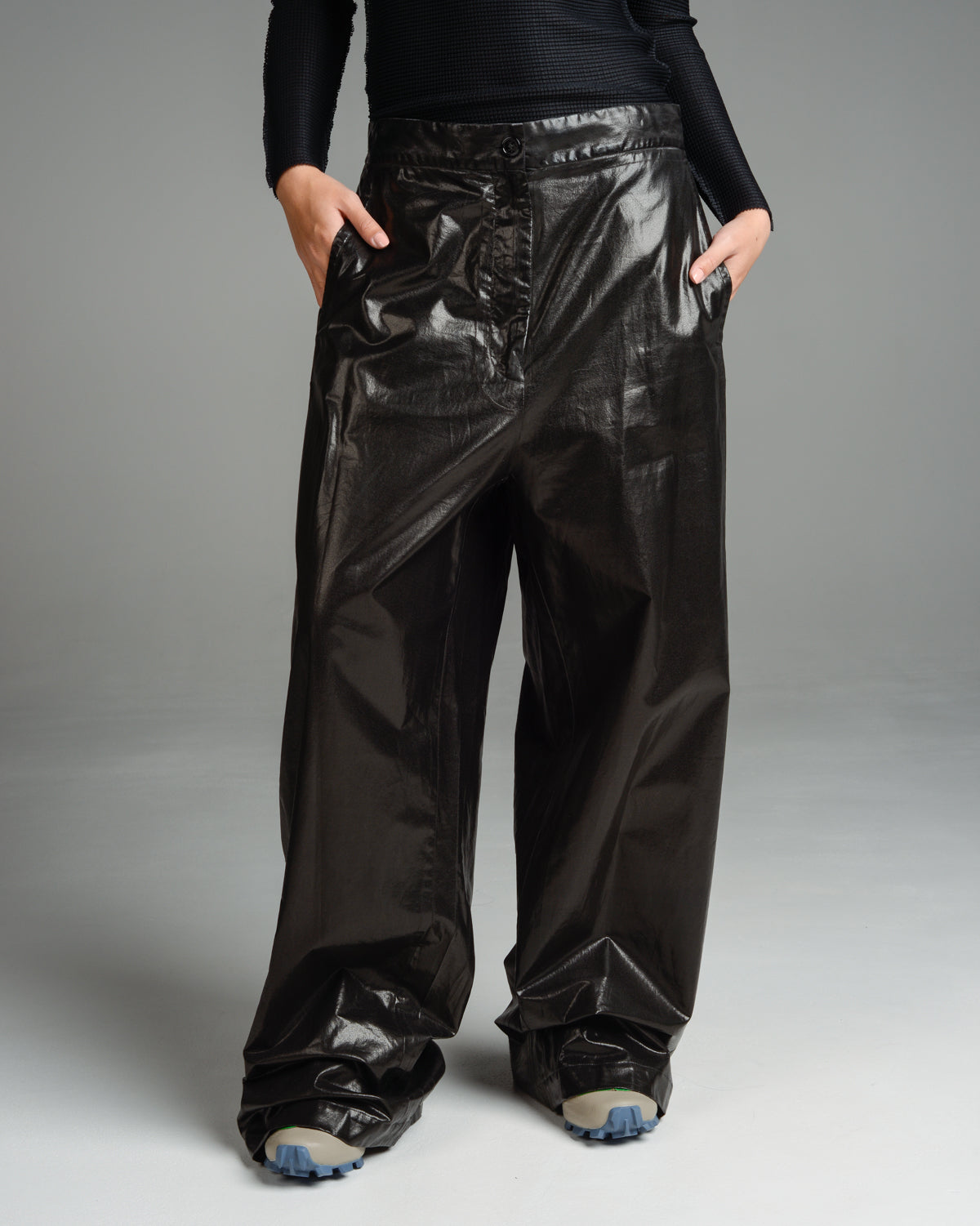 Black Coated Cotton Trousers
