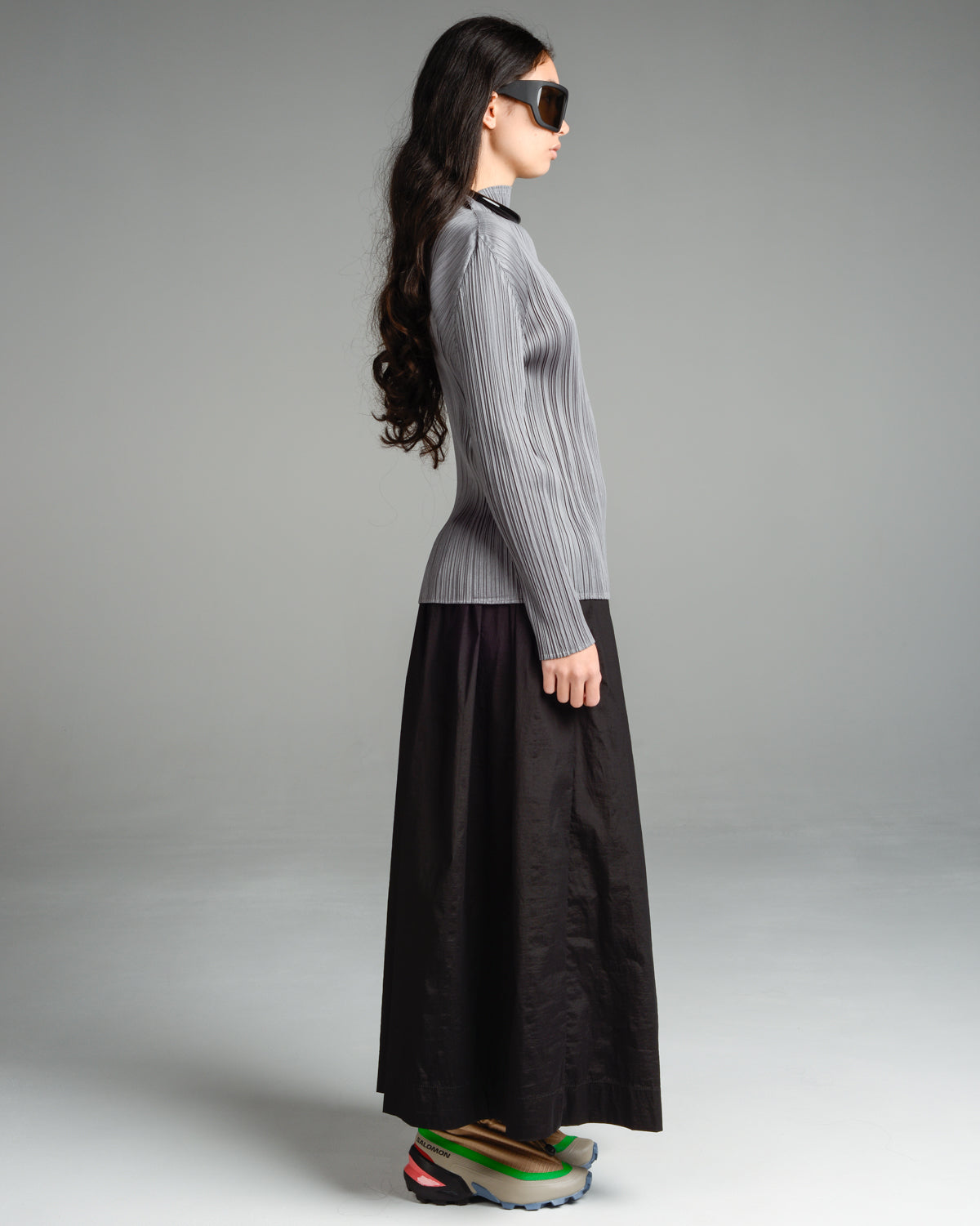 Basic Grey Pleated Long Sleeve Top