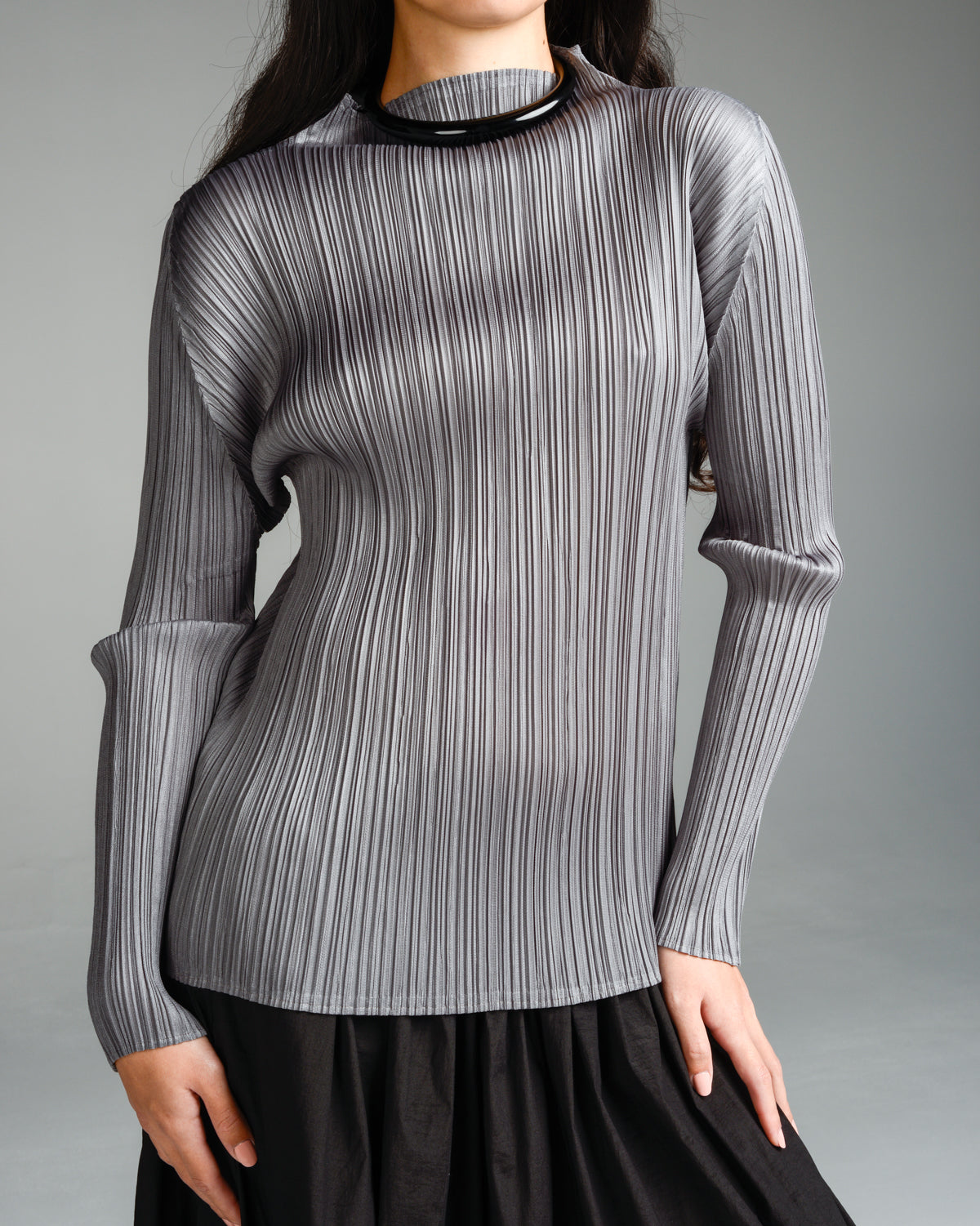 Basic Grey Pleated Long Sleeve Top