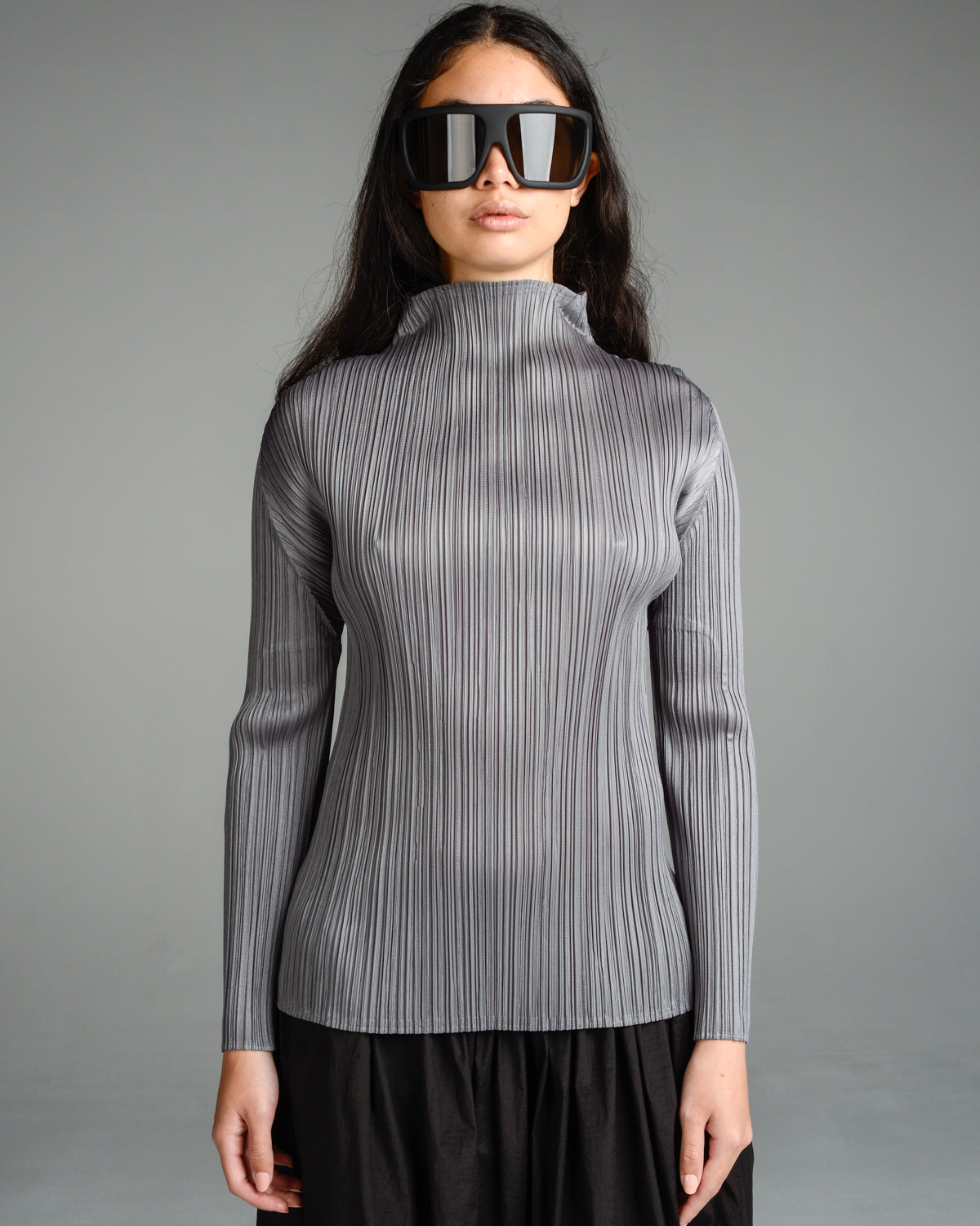 Basic Grey Pleated Long Sleeve Top