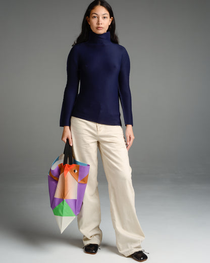 Navy Micropleat Long Sleeve Top