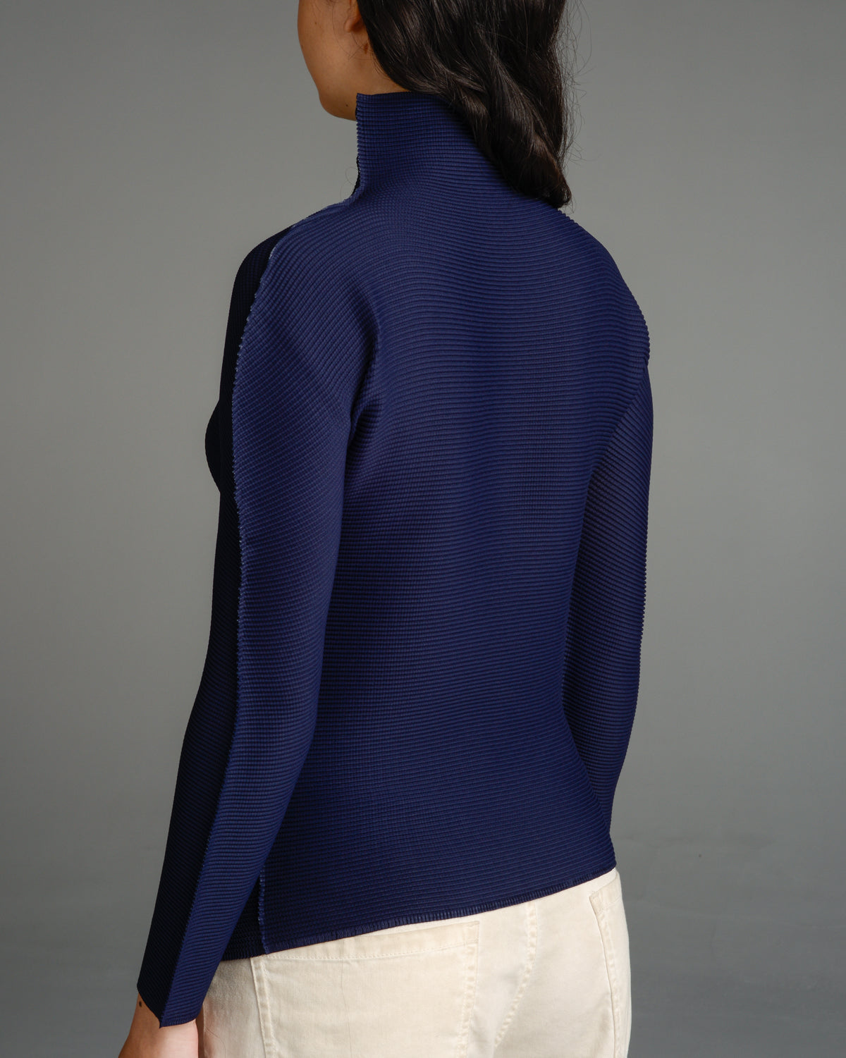 Navy Micropleat Long Sleeve Top