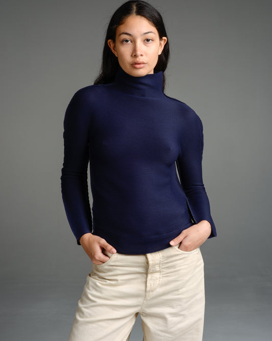 Navy Micropleat Long Sleeve Top