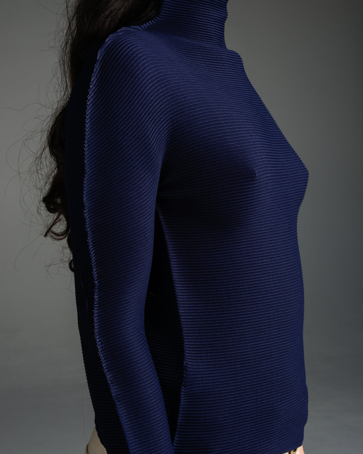 Navy Micropleat Long Sleeve Top