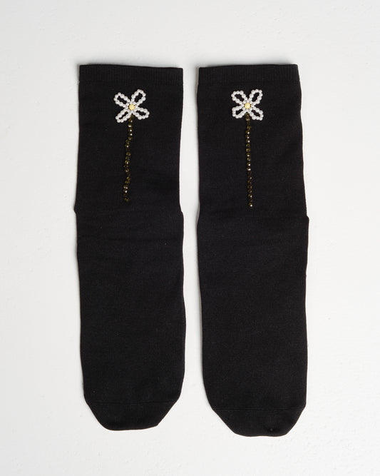 Black Beaded Daisy Ankle Socks