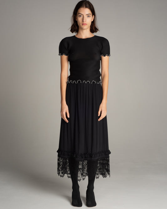 Black Rolled Hem Micropleat Tee