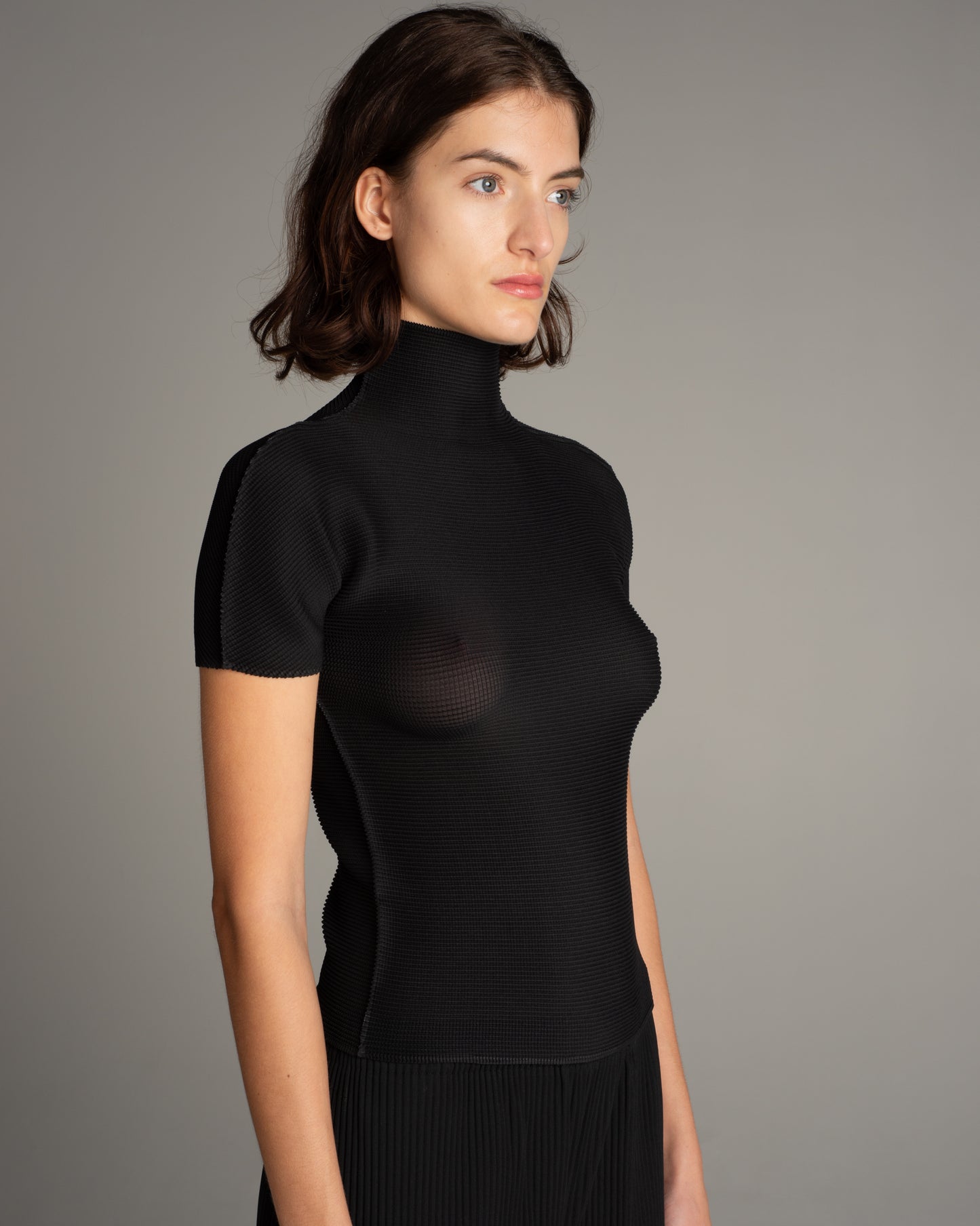 Black Micropleat High Neck Tee